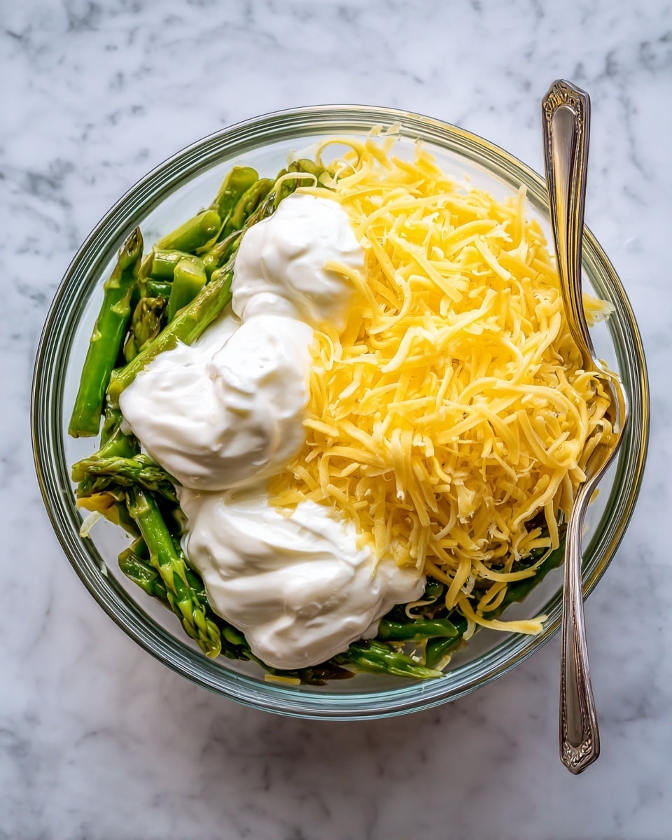 In a clear glass bowl, there is a base layer of bright green asparagus cut into pieces, topped with a thick layer of shredded yellow cheese covering most of the asparagus. On one side, there are two dollops of smooth, white cream sitting on top of the asparagus and cheese. A silver spoon is placed partially in the bowl, resting on the cream. The background shows a white marbled surface. photo taken with an iphone --ar 4:5 --v 7