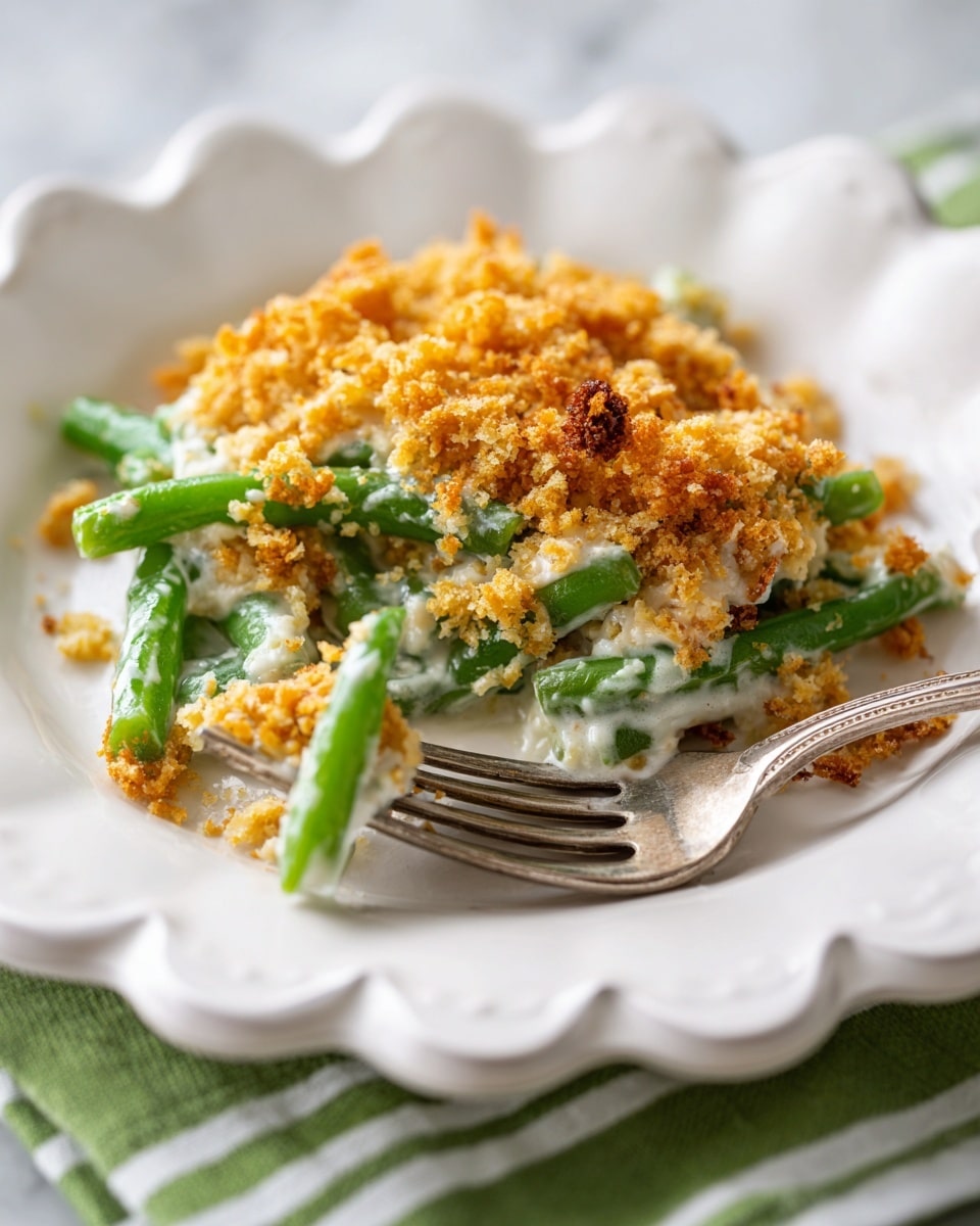 A portion of green bean casserole on a white scalloped plate, showing three main layers: the bottom layer of green beans with a fresh and bright green color, the middle layer of creamy white sauce covering the beans, and the top layer of a golden brown crispy crumb topping. The crumb topping is unevenly spread with some areas darker and crunchier. A silver fork is placed on the plate, holding some casserole and resting near the bottom right area. The plate sits on a white marbled surface with a green and white striped cloth nearby. photo taken with an iphone --ar 4:5 --v 7