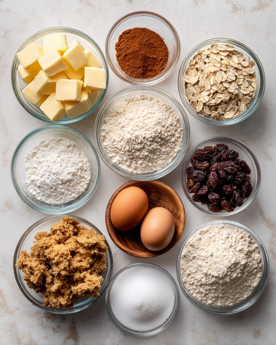 The image shows several small clear glass bowls arranged on a white marbled surface. Each bowl contains a different baking ingredient: cubed yellow butter, light beige rolled oats, white baking powder, fine white salt, white granulated sugar, white flour, dark brown raisins, and light brown packed brown sugar. Near the center are two whole light brown eggs and a small wooden bowl with reddish cinnamon powder. The textures range from soft and powdery to dense and chunky, and the colors vary from white and beige to rich brown tones. photo taken with an iphone --ar 4:5 --v 7