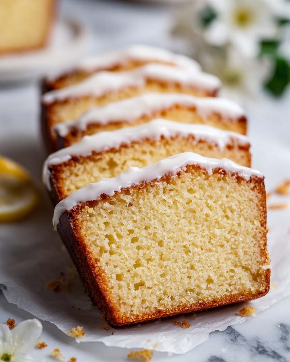 A close-up view of five slices of soft yellow cake, arranged in a slightly fanned out line over white parchment paper on a white marbled surface. Each slice has a thin layer of smooth white icing on the top edge, with the cake texture showing small air holes and a light brown crust on the outer edges. The background features a blurred white flower and a small piece of lemon peel on the left side. There are a few small crumbs scattered around the cake slices. photo taken with an iphone --ar 4:5 --v 7