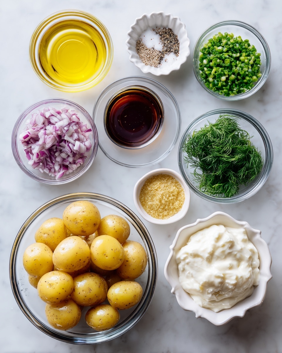 A metal tray with nine small white bowls and a large clear glass bowl arranged on a white marbled surface. The large glass bowl is filled with yellow baby potatoes, some halved, occupying the bottom left corner. Starting at the top left, a small clear glass bowl holds yellow olive oil, next to a small white scalloped bowl contains salt and pepper mix with coarse grains and cracked pepper. To the right is a small white bowl filled with chopped green chives. Below the olive oil is a small white bowl with pale purple diced shallots. Below the salt and pepper is a small clear glass bowl with amber red wine vinegar. In the middle right is a small clear glass bowl filled with creamy white vegan yogurt. Below the chives, a small white scalloped bowl holds fresh green dill. Lastly, in the bottom right corner, a small white bowl contains coarse Dijon mustard with a grainy texture. Photo taken with an iphone --ar 4:5 --v 7