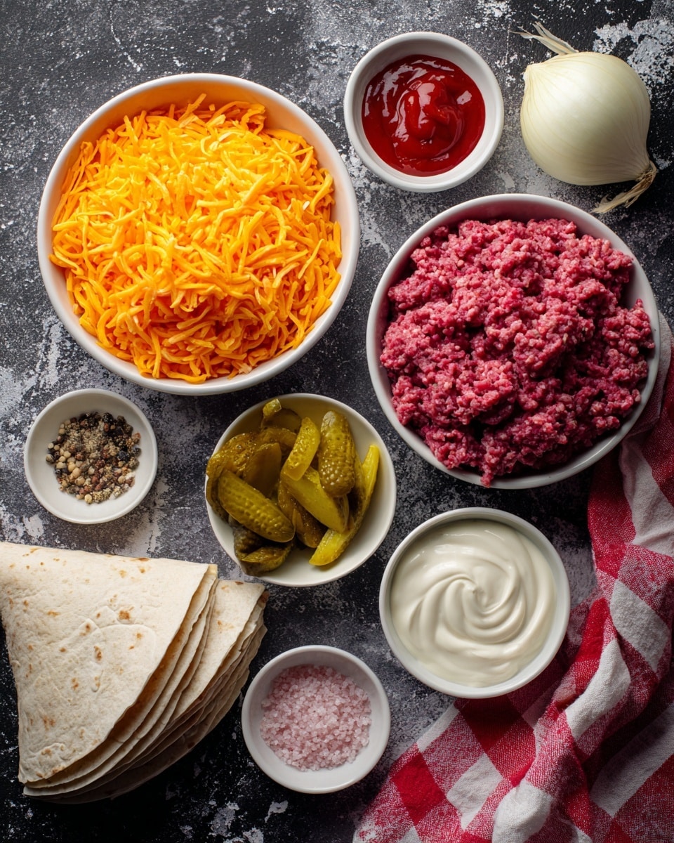 The image shows several white bowls and a stack of white tortillas arranged on a dark surface with a white marbled texture. One large bowl is filled with shredded orange cheese, positioned near the bottom left. Another large bowl contains raw ground meat with a mix of red and pink tones, placed on the bottom right. Around these bowls are smaller white bowls with different ingredients: bright red ketchup, thick white mayonnaise, yellow sliced pickles in liquid, and a mix of black pepper and pink salt. To the far right, there is a whole white onion. A red and white cloth with a checkered pattern is partially visible in the bottom right corner. Photo taken with an iphone --ar 4:5 --v 7