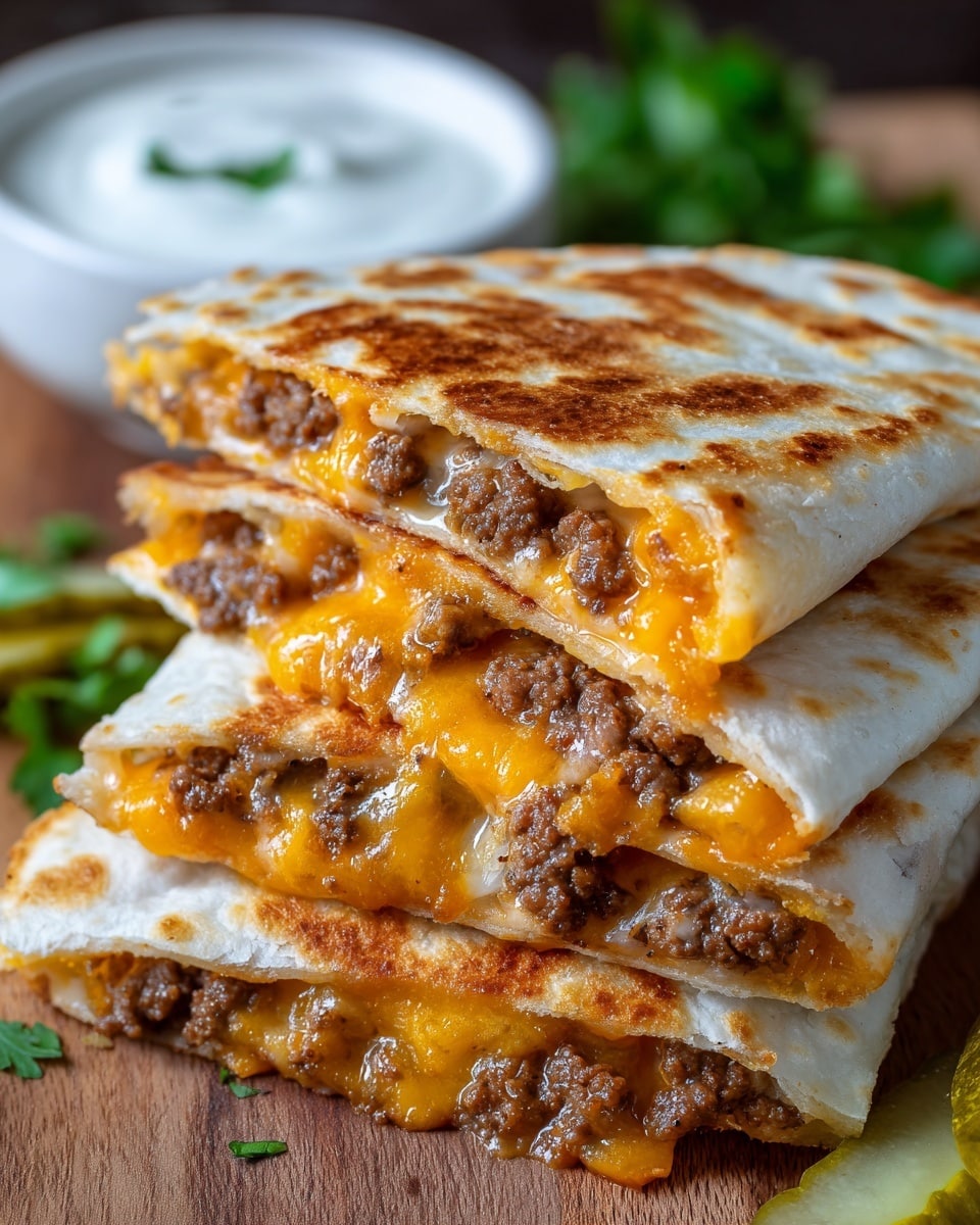 A stack of three golden-brown quesadilla triangles filled with layers of melted orange cheddar cheese and seasoned ground beef. The quesadilla tortilla is lightly toasted with brown spots and slightly crispy edges, showing the gooey cheese and finely crumbled meat inside. They are set on a wooden surface with a white bowl of creamy dipping sauce blurred in the background, along with a small green pickle slice and some leafy green garnish on one side. photo taken with an iphone --ar 4:5 --v 7