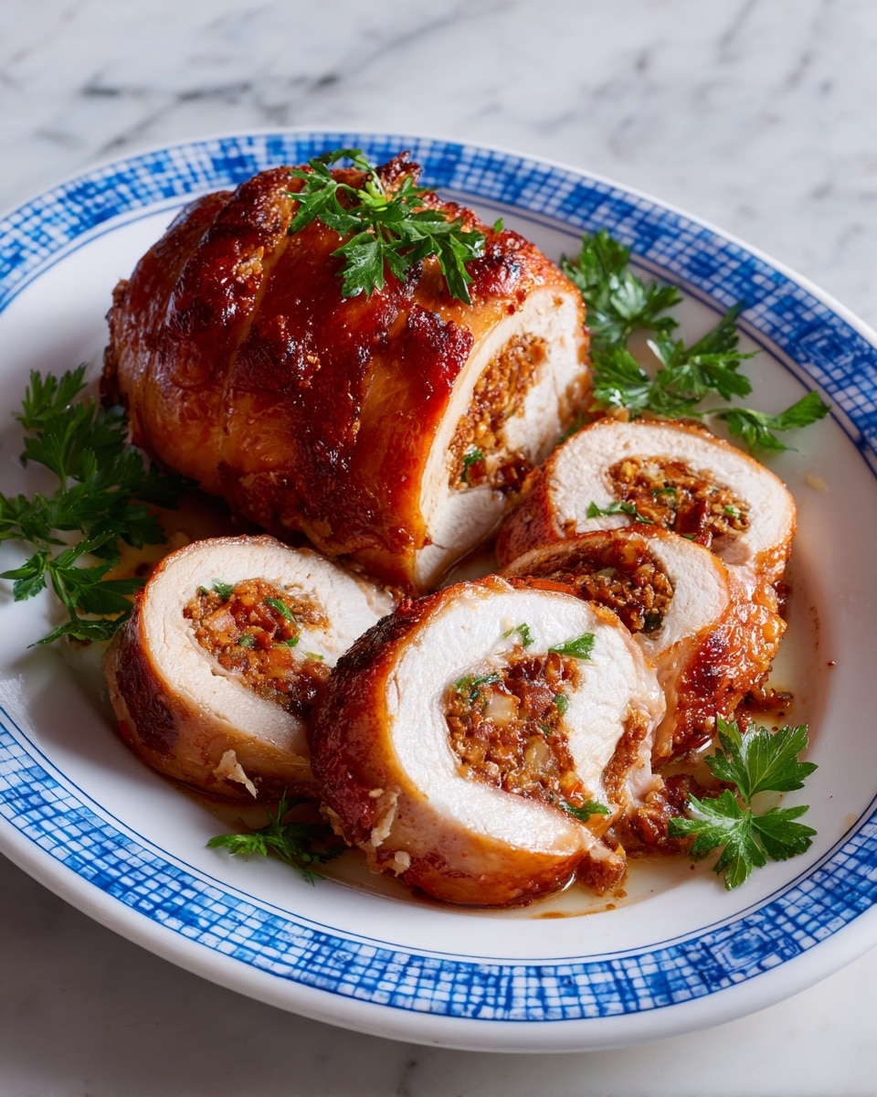 The dish shows a white plate with blue checkered patterns holding a golden-brown rolled cooked chicken displayed in two ways: one whole piece with crispy skin on the top of the plate, and three smaller, sliced pieces in the front. Each sliced piece reveals a white, soft inner layer of cooked chicken breast with a filling of textured reddish-brown bits inside, sprinkled with fresh green parsley leaves on top and around the plate. The plate rests on a white marbled surface. photo taken with an iphone --ar 4:5 --v 7