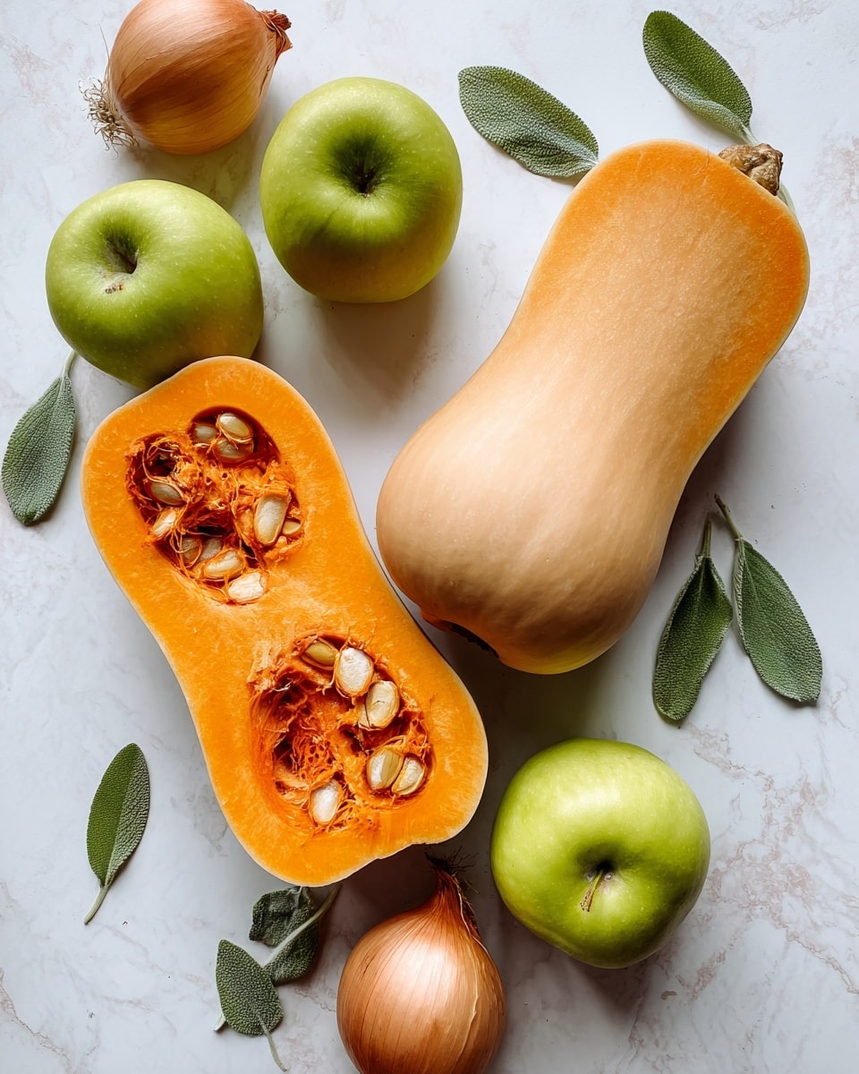 The image shows a top-down view of fresh vegetables and fruits arranged on a white marbled surface. The center features a butternut squash sliced in half vertically, revealing smooth orange flesh and a cavity filled with light brown seeds and stringy fibers. A whole butternut squash with beige skin is placed to the right of the sliced one. Two green apples with a shiny, slightly uneven texture are scattered near the squash. Additionally, there are two light brown onions with papery skin at the bottom left. Scattered sage leaves with a textured surface and muted green color are placed randomly around the produce, adding touches of green contrast to the neutral tones. photo taken with an iphone --ar 4:5 --v 7