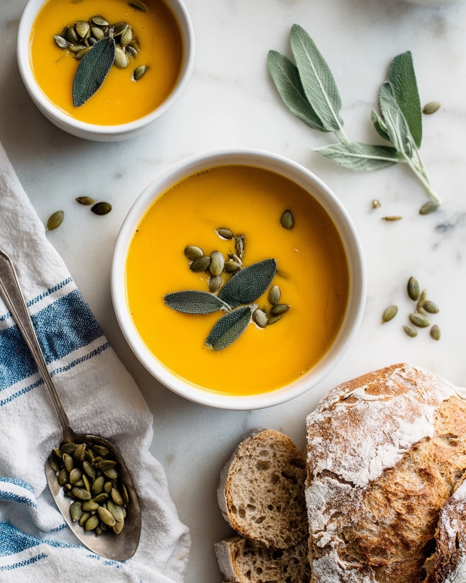 The image shows a white bowl filled with smooth, bright orange soup, topped with a small pile of green pumpkin seeds and a few dark green dried sage leaves placed near the center. To the left, a smaller white bowl holds more pumpkin seeds, with some scattered on the white marbled surface around it. At the bottom, a whole rustic round bread with a rough crust and light dusting of flour is visible, alongside several slices of the same bread resting on a white cloth with blue stripes. The overall setting is clean and natural with scattered sage leaves adding a touch of green. photo taken with an iphone --ar 4:5 --v 7