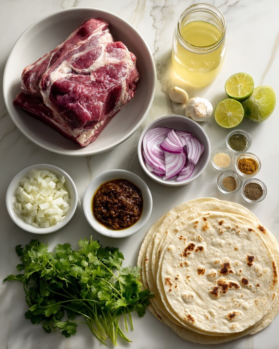 The image shows ingredients arranged on a white marbled surface. In the center, there is a white bowl holding a large piece of raw red meat with some white fat. Surrounding the bowl are small white bowls with chopped white onion, sliced purple onion, cloves of garlic, and a dark reddish-brown thick paste. A bunch of fresh green cilantro leaves is near the bottom right. Nearby, there is a stack of white tortillas with light brown spots. Also present are a light yellow liquid in a glass jar, two sliced limes showing their green insides, and three small clear containers with green herbs, brown spices, and a small white liquid. The ingredients are spaced evenly with soft natural light. Photo taken with an iphone --ar 4:5 --v 7