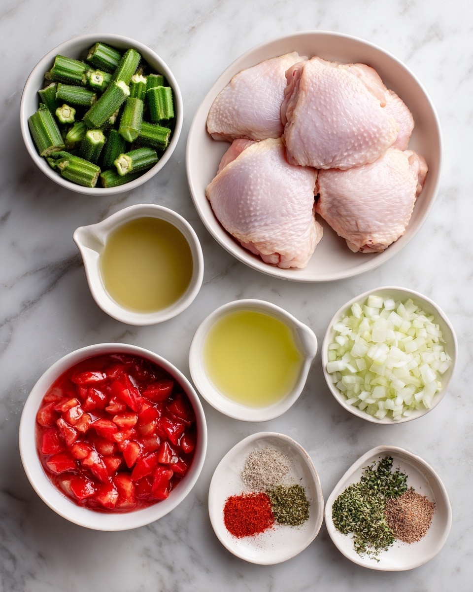 The image shows six white bowls and measuring cups on a white marbled surface, each with different ingredients. The largest bowl on the right contains three raw chicken thighs, pale pink with a slight sheen. To the left of it, a small white bowl holds frozen okra pieces, green with a frosty texture. Below the okra, a measuring cup is filled with bright red diced tomatoes in juice. Beneath that, another measuring cup contains a light yellow liquid. Next to this on the right, a small white bowl has chopped white onions topped with minced garlic. The last white bowl at the bottom right shows an array of dry spices: dried rosemary in green, paprika in red, black pepper, garlic powder, pink salt, and a beige spice arranged in sections inside the bowl. Photo taken with an iphone --ar 4:5 --v 7