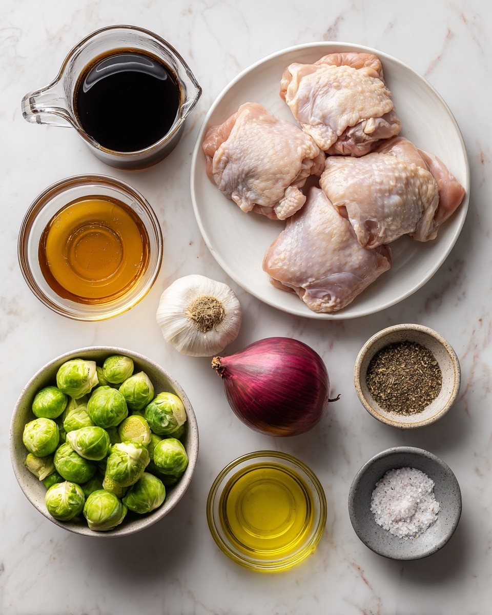A top view image of raw chicken thighs stacked on a white plate placed on a white marbled surface; to the left, a clear glass measuring cup filled with dark balsamic vinegar and below it a small glass bowl with amber maple syrup; below the chicken thighs, a whole red onion and a whole garlic bulb placed side by side; at the bottom left, a white bowl filled with fresh green Brussels sprouts, some halved; to the right of the Brussels sprouts, a clear glass container filled with golden olive oil and next to it, a small gray ceramic bowl holding salt and black pepper. photo taken with an iphone --ar 4:5 --v 7