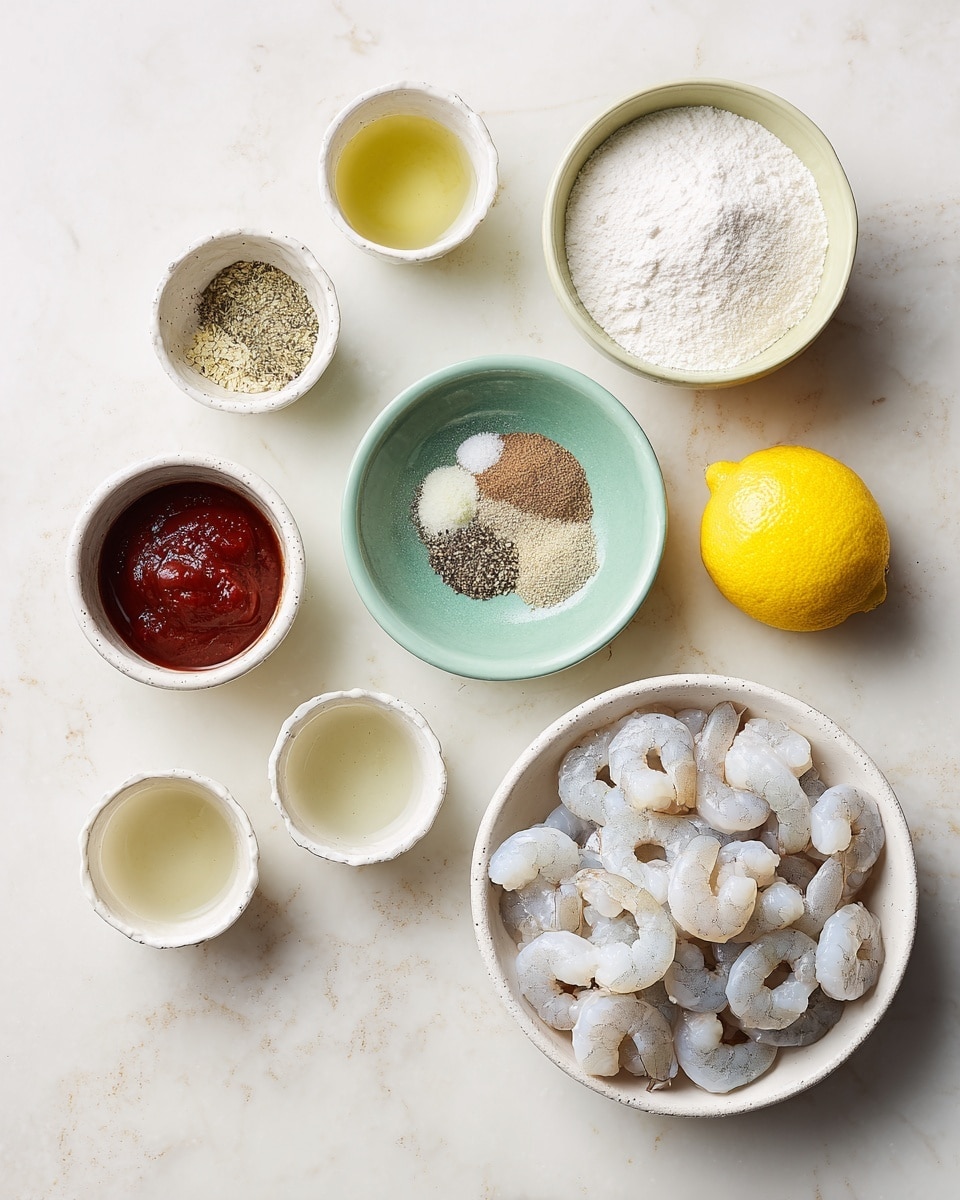 A top view of several small white bowls and cups arranged on a white marbled surface, containing ingredients for cooking. In the bottom right, a white bowl is full of raw peeled shrimp with pale gray and white shades. Nearby, a bright yellow lemon adds color contrast. Toward the top, a white bowl holds white powder. Next to it, a pastel green bowl contains a mix of spices including black pepper, white salt, and other light brown powders. A deep red sauce sits in a white bowl to the left. There are also three small white cups filled with clear or amber colored liquids scattered around. The arrangement is simple and neat, with soft natural light. Photo taken with an iphone --ar 4:5 --v 7