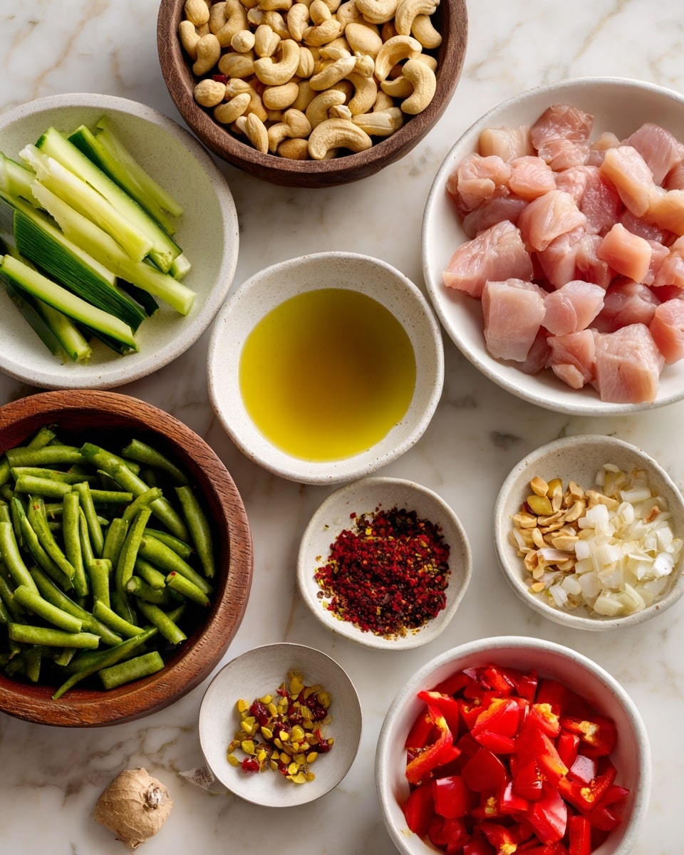 The image shows many small white bowls on a white marbled surface, each holding different food ingredients. Starting from the top right, a white bowl holds many pieces of raw pink chicken meat. Below it, another white bowl contains light green cucumber sticks cut lengthwise. To the left, a white bowl is full of green snap peas. Further left, a darker wooden bowl is filled with light brown cashew nuts. Near the top center, a larger white bowl has yellow oil mixed with some spices. Scattered among these larger bowls are small white bowls containing dark soy sauce, reddish chili flakes, light yellow vinegar, chopped garlic, and colorful red bell pepper pieces. The ingredients are neatly arranged and ready for cooking, photo taken with an iphone --ar 4:5 --v 7