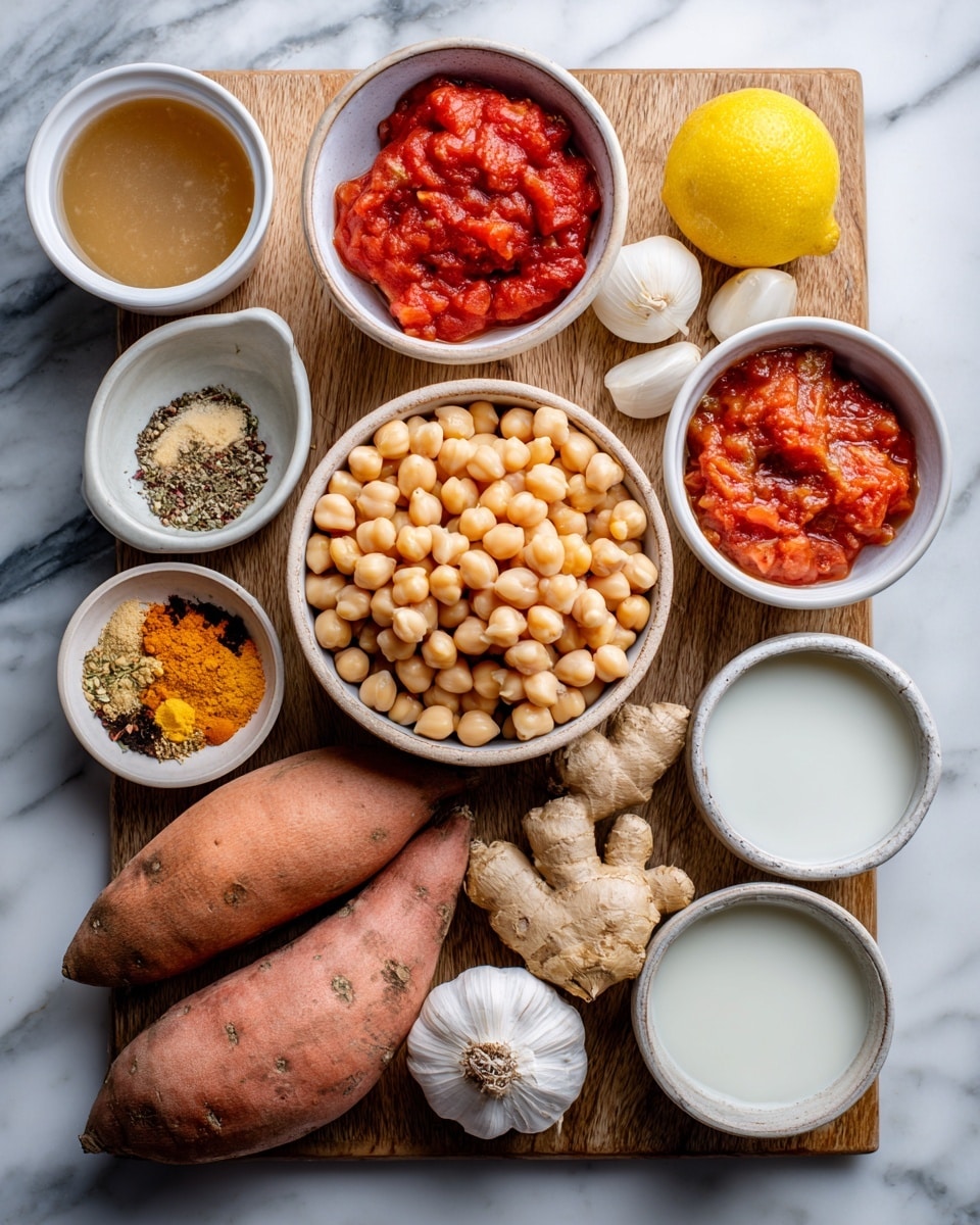 A top-down view of various cooking ingredients neatly arranged on a light wooden board over a white marbled surface, featuring a main bowl filled with light beige chickpeas with a smooth texture in the center. Surrounding the chickpeas, there is a small white bowl of bright red canned tomatoes chunky in texture on the top right. To the left, a medium white bowl contains clear brown veggie broth. Close to the broth, a small white bowl holds a mix of brown, yellow, orange, and white spices. Near the bottom, two large, rough-textured dark orange sweet potatoes and one round, pale yellow onion sit next to a chunk of light brown ginger root. On the right side, a few whole garlic cloves rest in a small white bowl. Near the bottom right, a white bowl holds smooth white coconut milk, and beside it, a white bowl with lemon juice, pale yellow in color, with half a lemon nearby. A woman's hand is not visible in the image. photo taken with an iphone --ar 4:5 --v 7