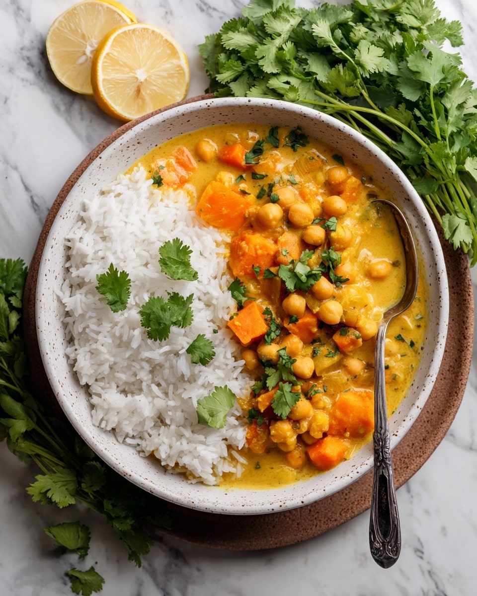 The dish is served in a white speckled bowl placed on a brown base, set on a white marbled surface. The bowl is divided into two parts: the left half holds a mound of fluffy white rice with a soft, grainy texture, while the right half contains a thick, creamy curry made of golden yellow sauce with orange chunks of sweet potato and round chickpeas. Some fresh green cilantro leaves are scattered on top of the curry for garnish, adding a bright contrast. A silver spoon rests inside the bowl, partially submerged in the curry. Around the bowl, there are fresh bunches of leafy cilantro and slices of lemon on the white marbled surface. photo taken with an iphone --ar 4:5 --v 7