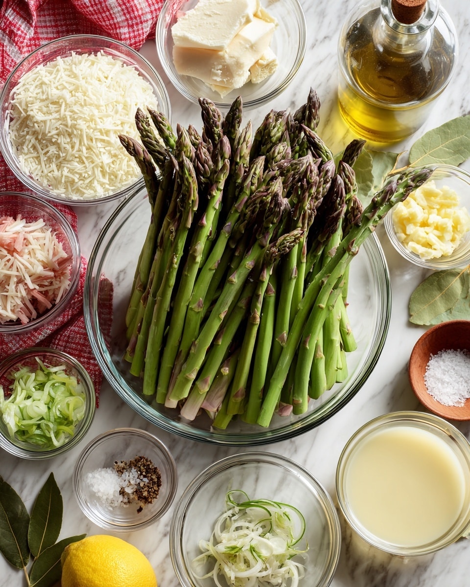 A clear glass bowl in the center holds a bunch of fresh, long green asparagus spears with slightly purple-green tips. Surrounding it are smaller clear glass bowls each filled with different ingredients: white shredded parmesan cheese, pale yellow lemon zest, light green chopped scallions, pale pink chopped shallots, and creamy white cream. There is a glass measuring cup filled with white short-grain rice, and a larger clear glass measuring cup with a pale yellow chicken stock. Small clear glass bowls hold lemon juice and crushed garlic, both light yellow. A halved lemon, some bay leaves, a small wooden bowl of salt, and a glass bottle of olive oil are also around the center bowl. The scene sits on a white marbled surface with a red and white checkered cloth on the left. photo taken with an iphone --ar 4:5 --v 7