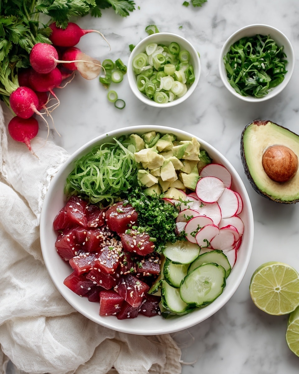 A white bowl sits on a white marbled surface filled with a poke bowl consisting of four layers of ingredients arranged side by side: dark red chunks of raw fish sprinkled with sesame seeds and chopped green herbs, bright green shredded seaweed, light green diced avocado, and a mix of thinly sliced cucumber and radish with pale pink and white colors. Around the bowl, there are three small white bowls containing sliced cucumber and radish, shredded green seaweed, and chopped green herbs. A halved avocado with a brown seed is placed near the top right. Fresh radishes, lime wedges, and green leafy herbs spread out on the bottom left corner with a white loose-weave cloth nearby. photo taken with an iphone --ar 4:5 --v 7