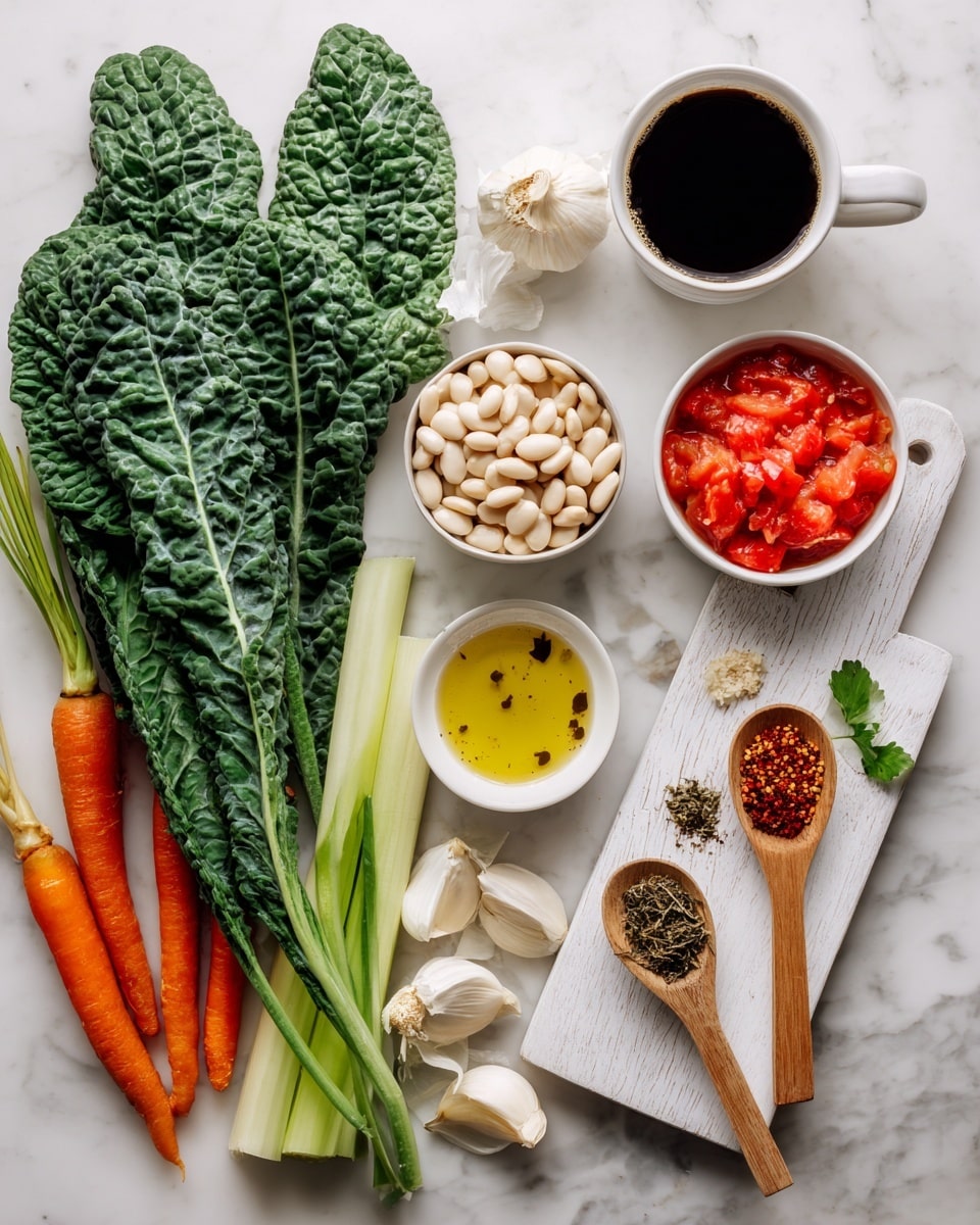 The image shows fresh and colorful ingredients laid out on a white marbled surface. On the left side, there are large green kale leaves and two bright orange carrots with green tops, next to pale green celery sticks and one whole yellow onion. Near the center, there are small white bowls filled with white beans, smooth white liquid, golden olive oil, and chunky red diced tomatoes. To the right, on a white wooden board, there are three garlic cloves, two wooden spoons holding ground black pepper and dried herbs, and a white ceramic spoon with crushed red pepper flakes. In the top right corner, there is a white cup filled with black coffee. photo taken with an iphone --ar 4:5 --v 7