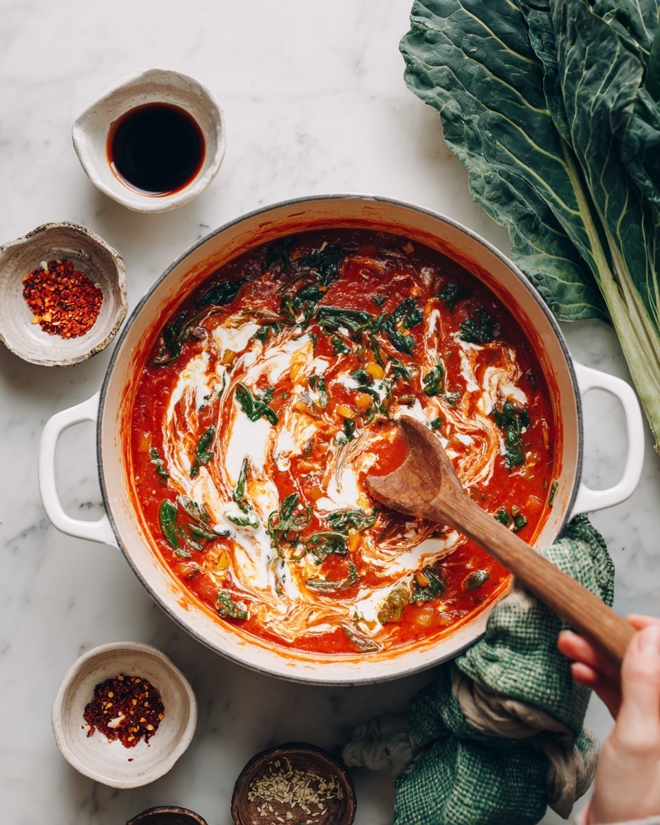A large white pot on a white marbled surface holds a thick red tomato soup with visible green leafy pieces and small yellow bits. The soup has white cream swirled on top, creating irregular shapes that mix with the red base. A woman's hand is holding a wooden spoon stirring the soup near the right edge of the pot, while another woman's hand grips the pot handle with a green cloth around it on the lower left. Around the pot, there are small white bowls containing dark soy sauce and red chili flakes, and a large green leafy vegetable sits on the upper right side of the image. Photo taken with an iphone --ar 4:5 --v 7
