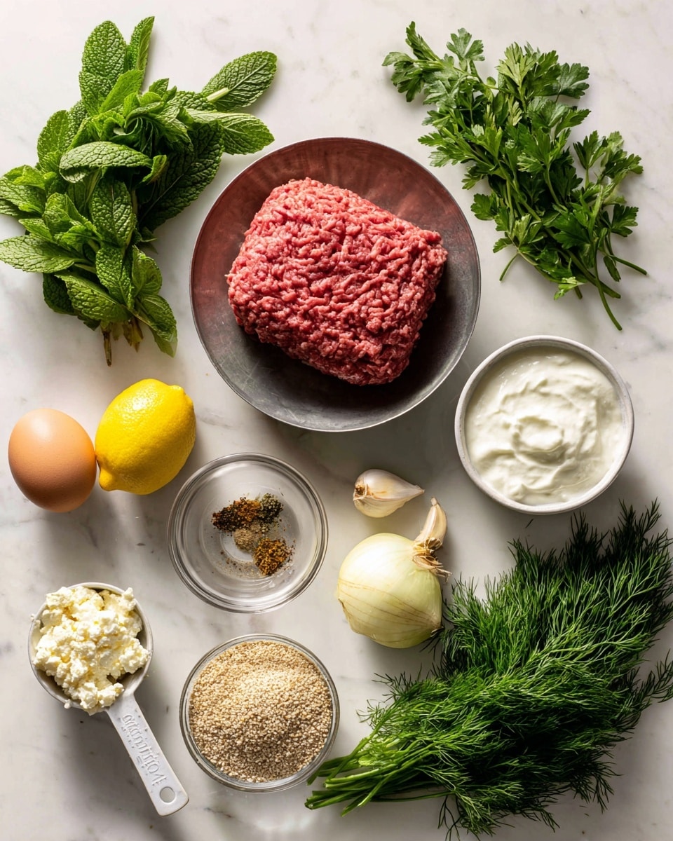 A top view of various ingredients neatly arranged on a white marbled surface, featuring a large silver bowl in the center containing a block of bright red ground lamb with a textured surface. Surrounding it are fresh green herbs including a bunch of dark green mint leaves on the left, feathery dill in the middle, and parsley with broad green leaves on the right. Below the herbs are a smooth brown egg, a heap of beige breadcrumbs in a white measuring spoon, and a small glass bowl with creamy white feta cheese. Also present are a yellow lemon, three peeled garlic cloves, a small bowl with mixed brown spices, a round white bowl filled with thick white yogurt, and an unpeeled yellow onion. The composition is brightly lit, showing clear textures and vibrant colors, photo taken with an iphone --ar 4:5 --v 7