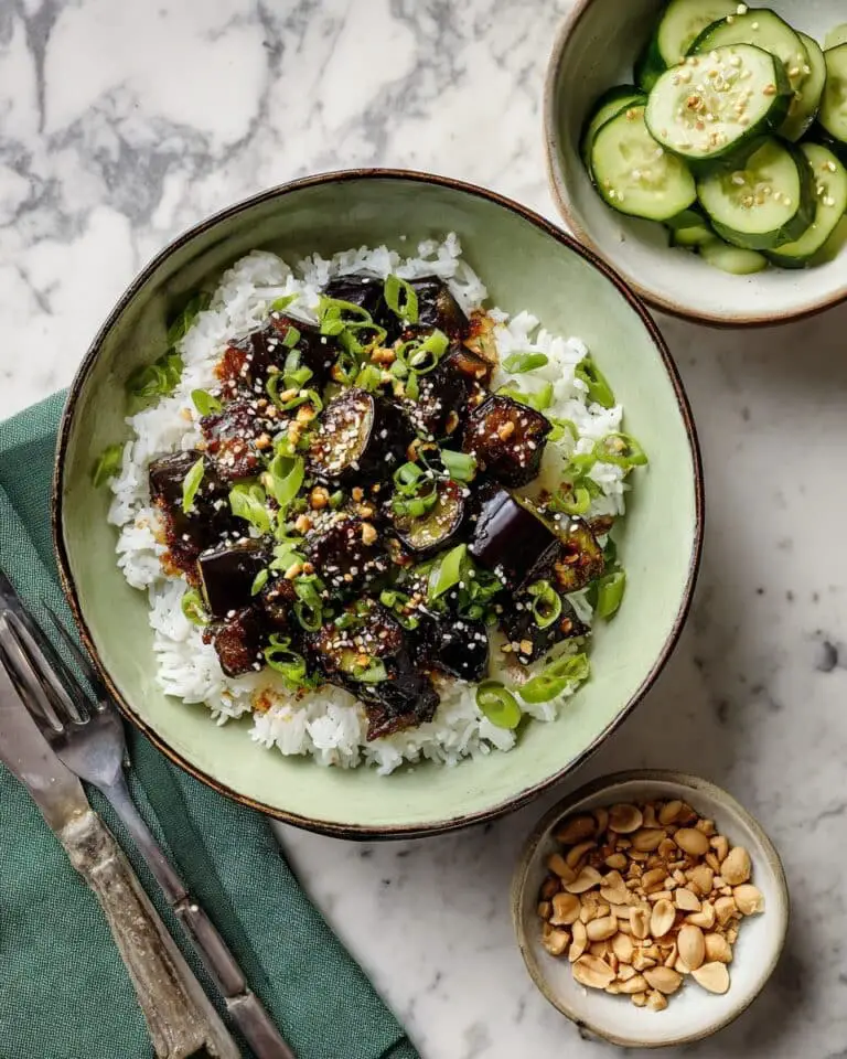 Spicy Szechuan Eggplant with Rice, Pickled Cucumber, Peanuts & Sesame Seeds Recipe