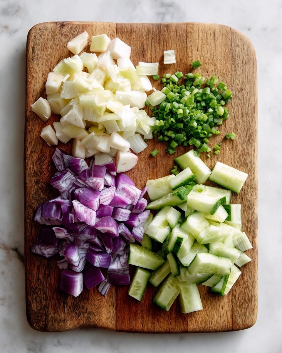 The image shows a wooden cutting board with three groups of chopped ingredients neatly arranged. On the left side, there are pieces of white and purple root vegetable, cut into rough chunks with a rough texture. In the center, a small pile of finely chopped green onions or scallions forms a bright green mound with soft, fresh texture. On the right, sliced cucumber pieces are stacked, showing light green skin and pale green inside with a crisp texture. The board is placed on a white marbled surface with a woman’s hand partially visible holding the board. Photo taken with an iphone --ar 4:5 --v 7