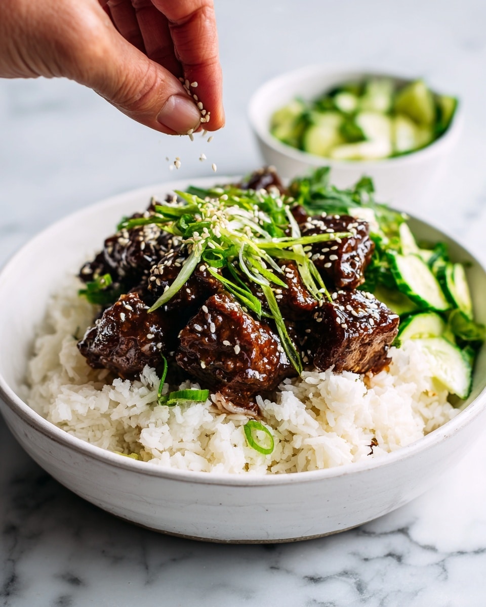 A white bowl filled with a base layer of fluffy white rice, topped with several pieces of glossy, dark brown cooked meat arranged over the rice. The meat is garnished with small green vegetables and sesame seeds scattered on top. To the side, there is a small white bowl with sliced green cucumbers and a light dressing. A woman's hand is seen sprinkling sesame seeds onto the meat. The surface beneath the bowls is white with a marbled texture. photo taken with an iphone --ar 4:5 --v 7