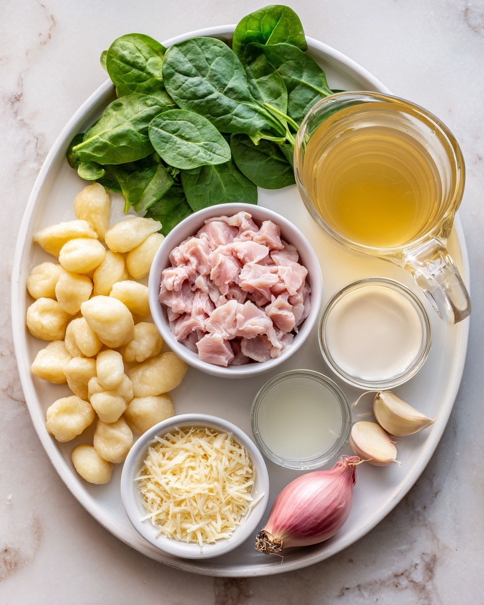 A round white plate is arranged with several ingredients: on the top left is a small white bowl filled with raw diced pink chicken. Surrounding the bowl on the lower left side are pale yellow gnocchi pieces with a soft texture. Next to them are fresh green spinach leaves placed in the center of the plate, extending slightly to the right. Toward the top right of the plate is a clear glass measuring cup filled with light yellow broth. Below the broth are two small glass bowls, one filled with a white creamy liquid and the other with a light clear liquid. At the bottom right corner of the plate lies a whole shallot with a light purple and pale yellow peel, accompanied by four peeled garlic cloves. Near the bottom center of the plate is a small white dish filled with pale yellow grated cheese. The whole plate rests on a white marbled surface. photo taken with an iphone --ar 4:5 --v 7