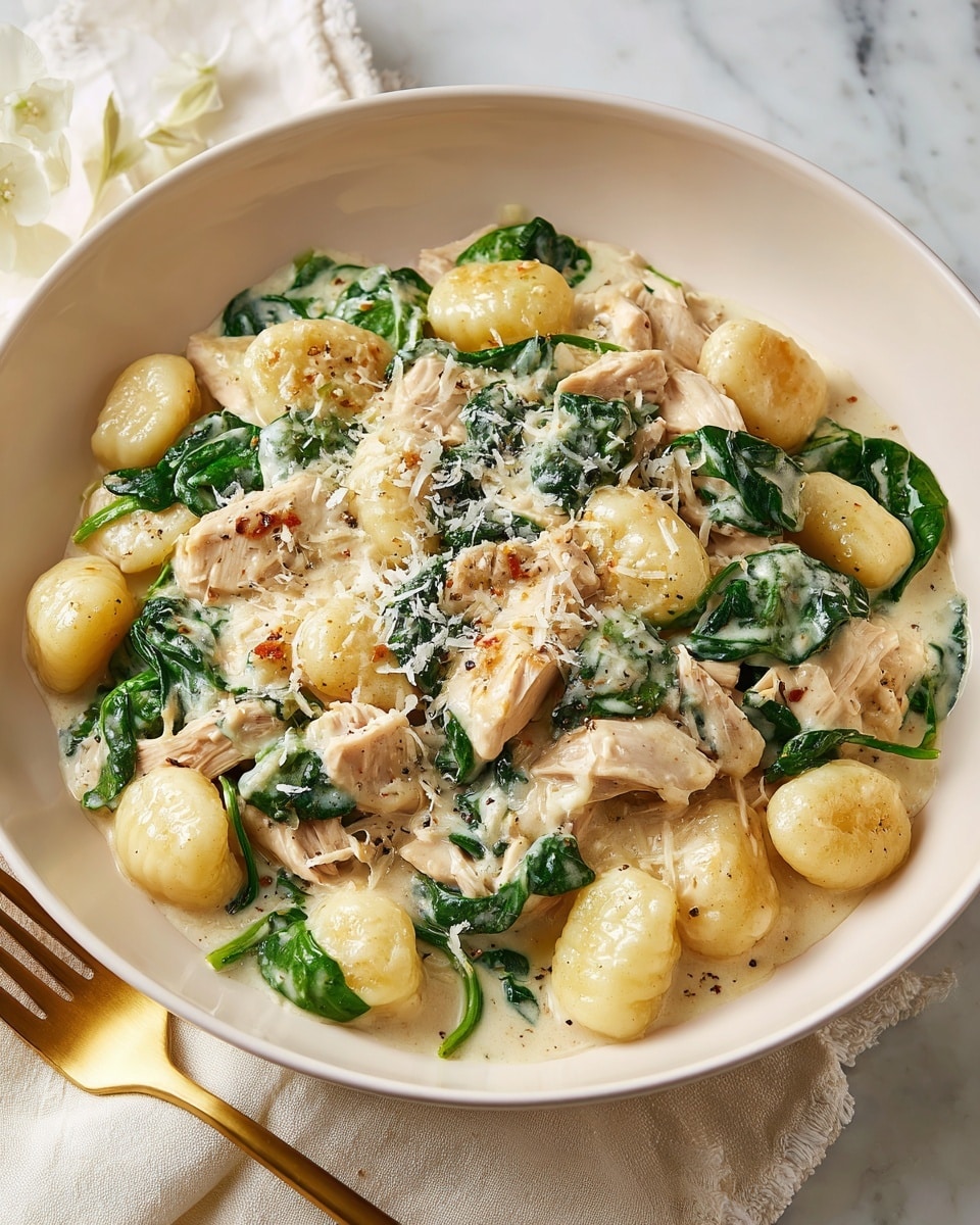 A white, shallow bowl holds a creamy dish with three main layers: golden brown gnocchi pieces with smooth, soft textures; tender light brown chicken chunks mixed throughout; and fresh, dark green spinach leaves that add color contrast. The creamy beige sauce evenly coats all the ingredients, giving a slightly glossy look, and a light sprinkling of grated cheese tops the dish. The bowl is placed on a white marbled surface with a soft cream cloth underneath, and a gold fork lies diagonally beside it. Photo taken with an iphone --ar 4:5 --v 7