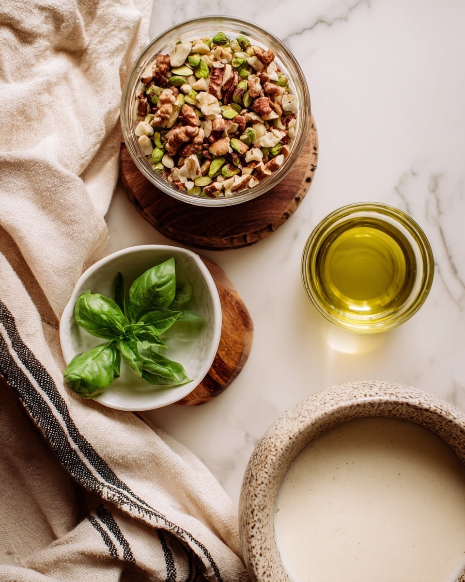 The image shows a close-up of three bowls on a white marbled surface. The top bowl is clear glass filled with chopped mixed nuts in various shades of brown and green. To the left, a small white bowl with a rounded edge rests on a round wooden base, holding bright green fresh basil leaves. Below the nut bowl, a clear glass bowl contains a golden liquid, likely oil, with light reflections. In the lower right corner, part of a large bowl with a textured rim is visible, filled with a smooth, creamy off-white mixture. A soft beige cloth with black stripes is draped near the bowls. Photo taken with an iphone --ar 4:5 --v 7