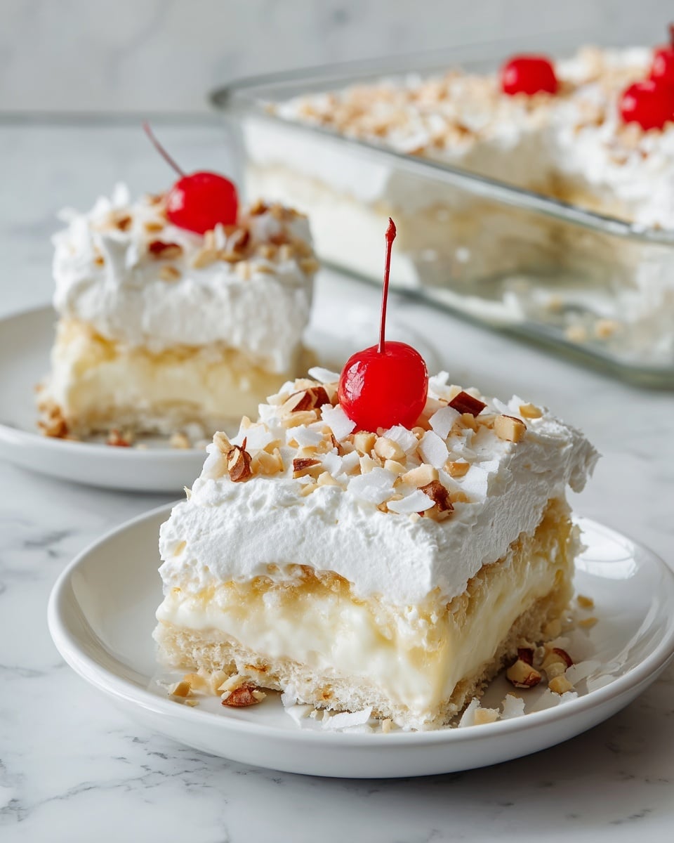 The image shows two square pieces of layered dessert on white plates, placed on a white marbled surface. Each piece has three main layers: a pale beige base layer that looks soft and moist, a middle creamy layer that is slightly lighter in color, and a thick top layer of white whipped cream with a fluffy texture. The top is sprinkled with small chopped nuts and white coconut flakes, each piece crowned with a bright red cherry in the center. In the background, part of a glass baking dish holds the remaining dessert with the same layered look and toppings. Photo taken with an iphone --ar 4:5 --v 7