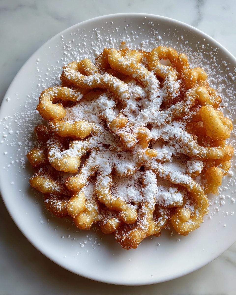 Two round, golden brown fried cakes sit side by side on a white paper towel that covers a silver baking sheet. The cakes have an intricate, swirled texture with a layered, lacy pattern and are dusted generously with white powdered sugar, giving them a soft, snowy look. The background is a white marbled surface, with a small metal sifter and a bowl of powdered sugar visible near the top left. Photo taken with an iphone --ar 4:5 --v 7