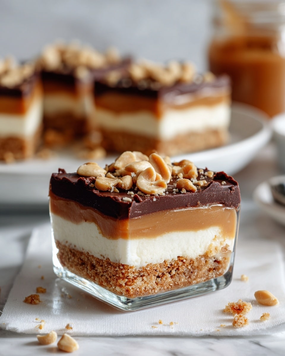 The image shows a close-up of a square dessert with four visible layers inside a clear glass dish on a white marbled surface. The bottom layer is a crumbly, light brown crust that looks crunchy. Above it is a thick, creamy white layer. Next is a smooth caramel layer with a golden-brown color, followed by a dark chocolate layer on top that looks thick and glossy. The top chocolate layer is covered with roughly chopped light tan peanuts scattered evenly. In the background, there is a white plate with more dessert pieces and a blurred jar, all on the white marbled texture. Photo taken with an iphone --ar 4:5 --v 7