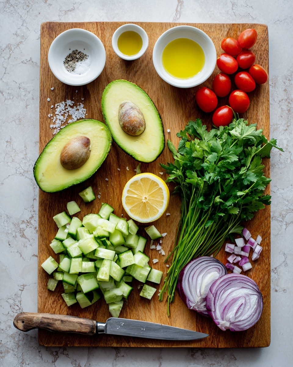 A wooden board holds fresh ingredients neatly spread out: on the left, two avocado halves show bright green creamy flesh with one seed visible, next to a whole dark green avocado. Above them, three small white bowls contain salt, black pepper, and yellow olive oil. At the center, two lemon halves show juicy, yellow interiors. To the right of the lemons, a bunch of red cherry tomatoes is placed beside a fresh bunch of green cilantro with long stems. Below the tomatoes, a pile of green cucumber slices rests next to a silver knife with a wooden handle lying on the board. At the bottom right corner, a halved purple onion is placed with some diced onion pieces scattered nearby. The whole setup sits on a white marbled texture surface. photo taken with an iphone --ar 4:5 --v 7