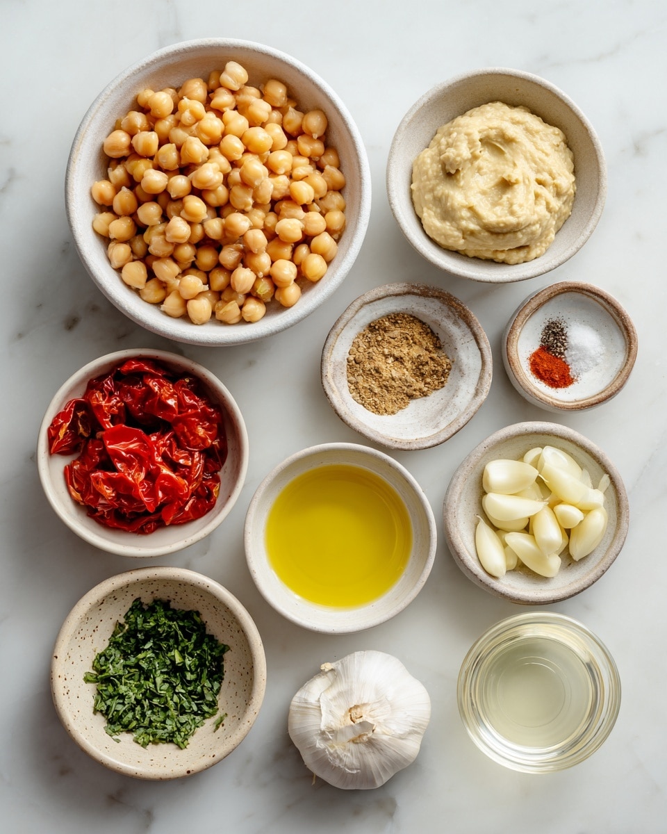 A top view of nine small white bowls arranged in a loose flow on a white marbled surface, each holding different ingredients for a recipe: the largest bowl at top filled with light brown chickpeas; below it a medium bowl with smooth, creamy, beige tahini paste; to the right of tahini a tiny bowl containing white salt and brown spices; to the left a small bowl with golden olive oil; below the olive oil bowl a medium bowl with bright red roasted pepper slices; on the right side a small bowl holding pale yellow lemon juice; near the bottom, a small bowl with peeled white garlic cloves; next to it a tiny bowl with water; and lastly at the bottom left a small bowl of chopped green herbs as garnish, all in clear focus and natural light, photo taken with an iphone --ar 4:5 --v 7