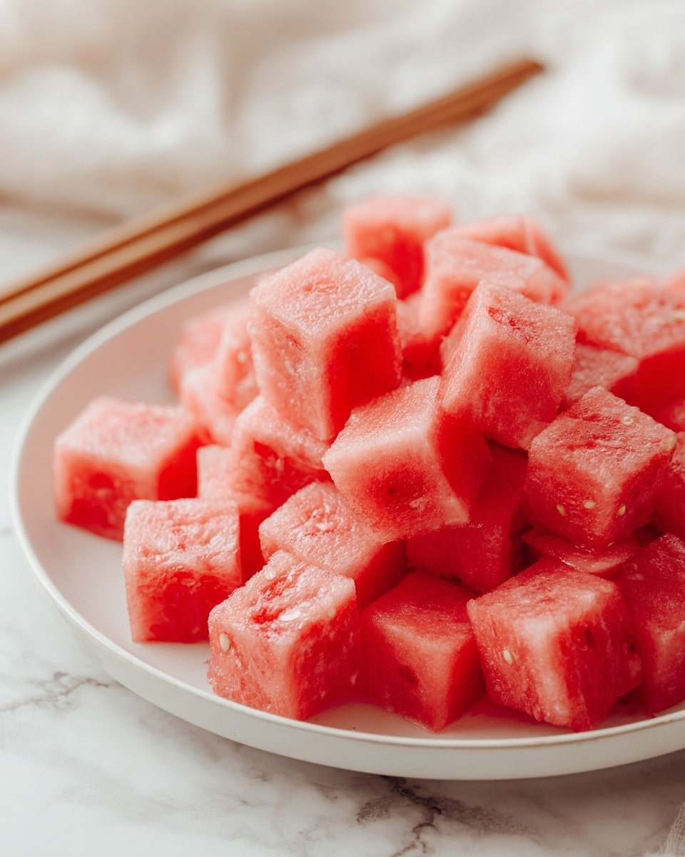 The image shows a close-up of small, red watermelon cubes piled on a white plate with soft pink tones. Each cube has a slightly moist, fresh texture and is neatly cut, filling the plate evenly. The background consists of a white marbled surface that adds a clean, bright look to the scene. A pair of wooden chopsticks is visible on the left side, resting on the marbled surface. photo taken with an iphone --ar 4:5 --v 7