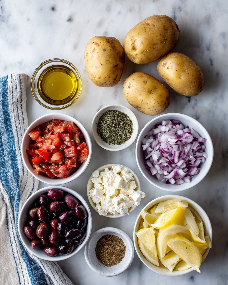 The image shows a white marbled surface with different ingredients arranged neatly. In the top center, there are four whole light brown potatoes. To the left, some green leafy herbs are partially visible. Below the potatoes, there is a small glass bowl filled with golden oil. Next to the oil are two small white bowls: one with mixed seasonings in light brown and black colors, and the other with dried oregano showing a greenish texture. Below these, there are three more white bowls in a row: the left one contains bright red chopped tomatoes, the middle one holds dark purple olives, and the right one has white crumbled feta cheese. At the bottom left, a white bowl contains chopped purple onions. To the right, another white bowl is filled with yellow lemon wedges. A white and blue striped cloth is seen on the left edge. photo taken with an iphone --ar 4:5 --v 7