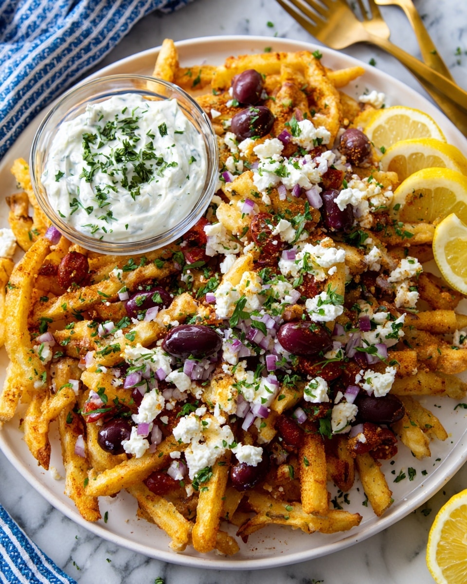 A white plate holds a base layer of golden brown seasoned fries spread evenly, topped with crumbled white feta cheese, sliced dark purple olives, small diced red tomatoes, and tiny chopped pieces of purple onion, all sprinkled with green herbs. At the center of the plate, there is a small clear glass bowl filled with white creamy dip that has green herbs on top. Two lemon wedges rest on the edge of the plate, with a white marbled surface beneath. The background includes a blue and white striped cloth and gold utensils to the right. photo taken with an iphone --ar 4:5 --v 7