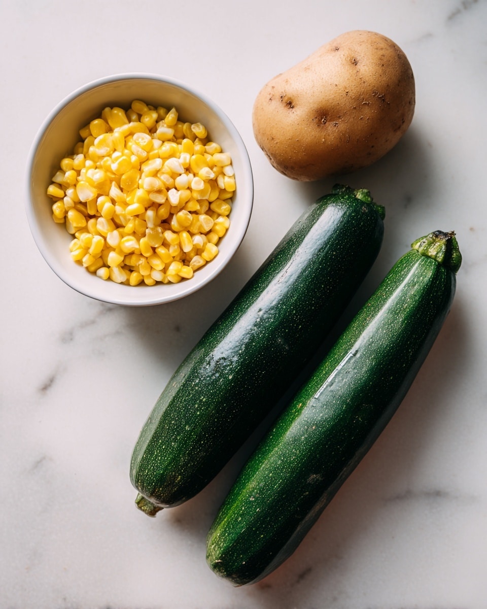 The image shows two dark green zucchinis placed next to a light brown potato on a white marbled surface. To the left of the zucchinis and potato, there is a white bowl filled with bright yellow corn kernels. The items are arranged neatly with the zucchinis side by side, the potato close to them on the right, and the bowl sits on the left side. Photo taken with an iphone --ar 4:5 --v 7