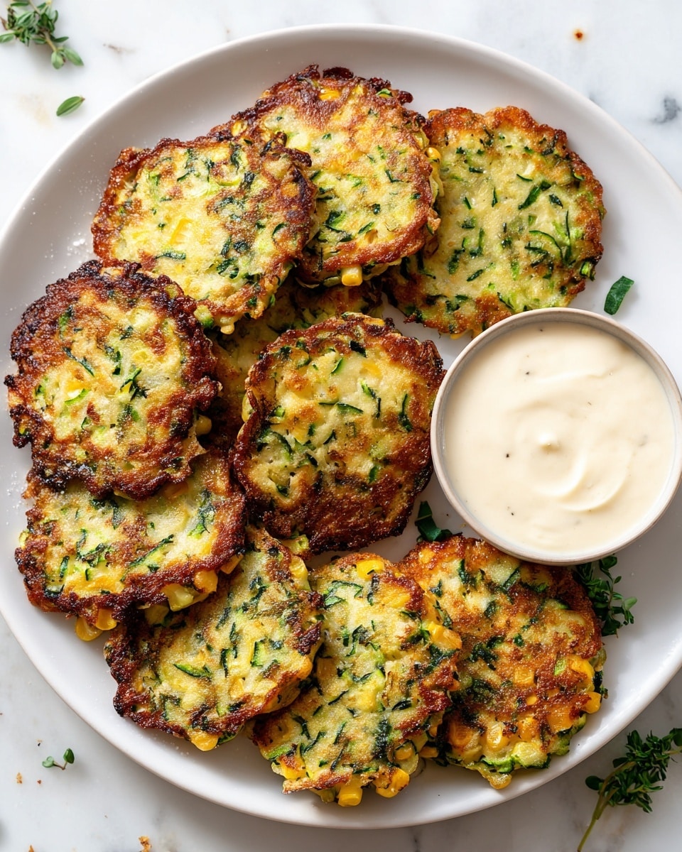 A white plate holds about ten corn and zucchini fritters, each round but slightly uneven in shape with a golden-brown crispy edge and a mixed green and yellow interior from the zucchini and corn. The fritters are layered in a slightly overlapping pile. Near the top right of the plate is a small bowl of creamy white sauce with a smooth texture. The plate rests on a white marbled surface with a few scattered green herb pieces around the fritters. Photo taken with an iphone --ar 4:5 --v 7