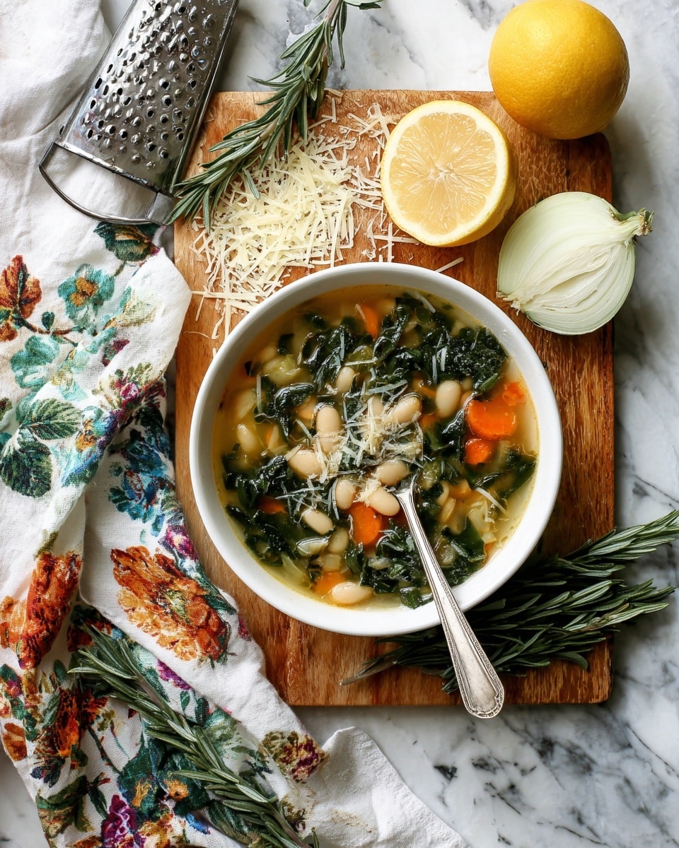 A small white bowl filled with a clear soup containing white beans, green leafy vegetables, and orange carrot pieces, a silver spoon resting inside the bowl. The bowl sits on a wooden cutting board with scattered white shredded cheese around a metal grater that holds more cheese. Half of a lemon and a half white onion lay next to sprigs of fresh green rosemary arranged on the cutting board. A white cloth napkin and a colorful floral fabric with green, blue, orange, and brown flowers drape over the white marbled surface beneath the cutting board. photo taken with an iphone --ar 4:5 --v 7