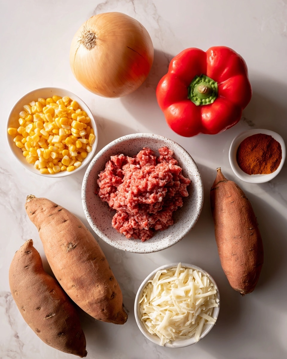 A white marbled surface holds seven ingredients neatly arranged: three brown sweet potatoes on the right side; a bright red bell pepper above the center; a whole light brown onion on the left; a small white bowl filled with a reddish-brown powder above the onion; a speckled white bowl filled with raw ground beef at the center; a small white bowl of yellow corn below the beef; another small white bowl with shredded white cheese next to the corn; and a small white bowl of chunky red salsa at the bottom. The scene is bright with clear details and shadowing, photo taken with an iphone --ar 4:5 --v 7