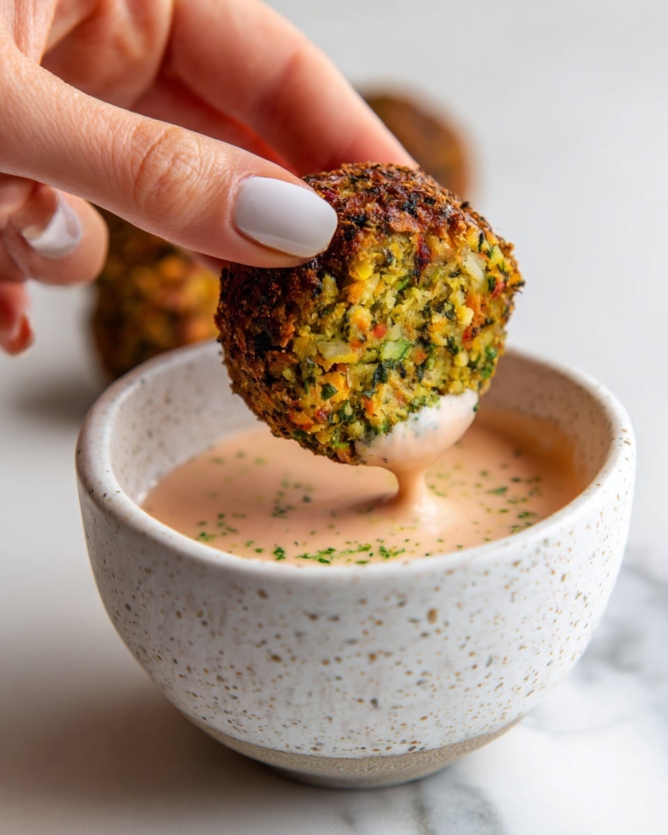 A close-up image shows a woman's hand holding a small, round falafel ball covered in green herbs and a golden-brown crust, being dipped into a creamy, light pink sauce inside a white bowl with a speckled pattern, all placed on a white marbled surface. The falafel's texture is rough and crispy on the outside with visible herbs and bits of vegetables. Photo taken with an iphone --ar 4:5 --v 7
