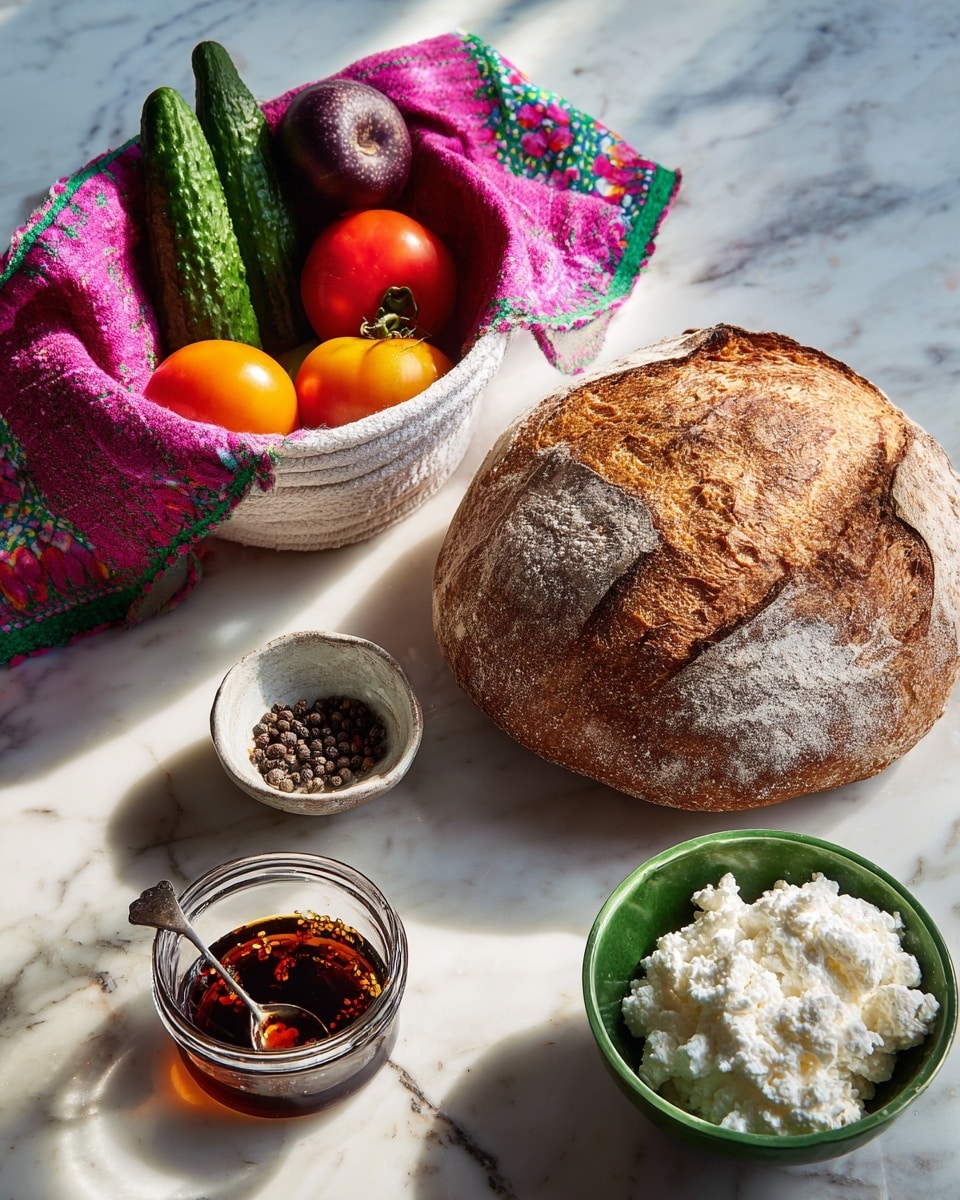 A round loaf of brown bread with a golden crust and a dusting of flour sits on the right side on a white marbled surface. To the left, a white basket lined with a colorful pink and green patterned cloth holds fresh vegetables including dark purple and bright orange cherry tomatoes and two green cucumbers. Below the basket, a small white bowl contains whole black peppercorns. Next to it, a green bowl is filled with white cottage cheese with a soft and lumpy texture. At the bottom, a clear glass with dark red chili oil and chili flakes has a silver spoon in it. Photo taken with an iphone --ar 4:5 --v 7