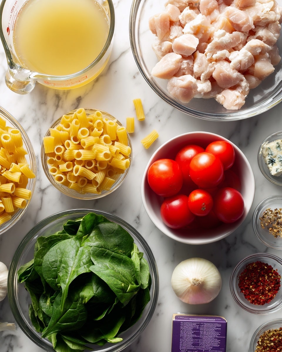 The image shows raw ingredients arranged neatly on a white marbled surface, including a clear glass measuring cup filled with light yellow chicken stock at the top left, and a round clear glass bowl of small pale pink chicken pieces on the top right. In the center left is a clear glass bowl of dry yellow pasta shaped like mini tubes, while to the right is a white bowl filled with bright red tomatoes still on the vine. Below the pasta bowl is a large clear glass bowl full of fresh dark green baby spinach leaves. A small purple box of Boursin cheese sits near the bottom right next to a whole unpeeled onion with a light tan skin. Near the bottom right corner are two small clear bowls containing red pepper flakes and more ingredients. A whole garlic bulb with a white papery skin sits near the chicken bowl in the middle. All ingredients are spaced out over a white marbled background. Photo taken with an iphone --ar 4:5 --v 7