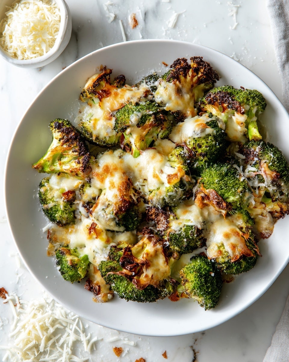 The dish shows a round white plate filled with many pieces of bright green broccoli. Each broccoli piece has a layer of melted golden-brown cheese on top, some cheese spilling over and crisped on the plate edges. The broccoli looks roasted with some dark, crunchy spots. In the upper left corner, a small white bowl holds shredded white cheese. The plate and bowl sit on a white marbled surface with tiny bits of cheese scattered around. The photo has bright, natural light taken with an iphone --ar 4:5 --v 7