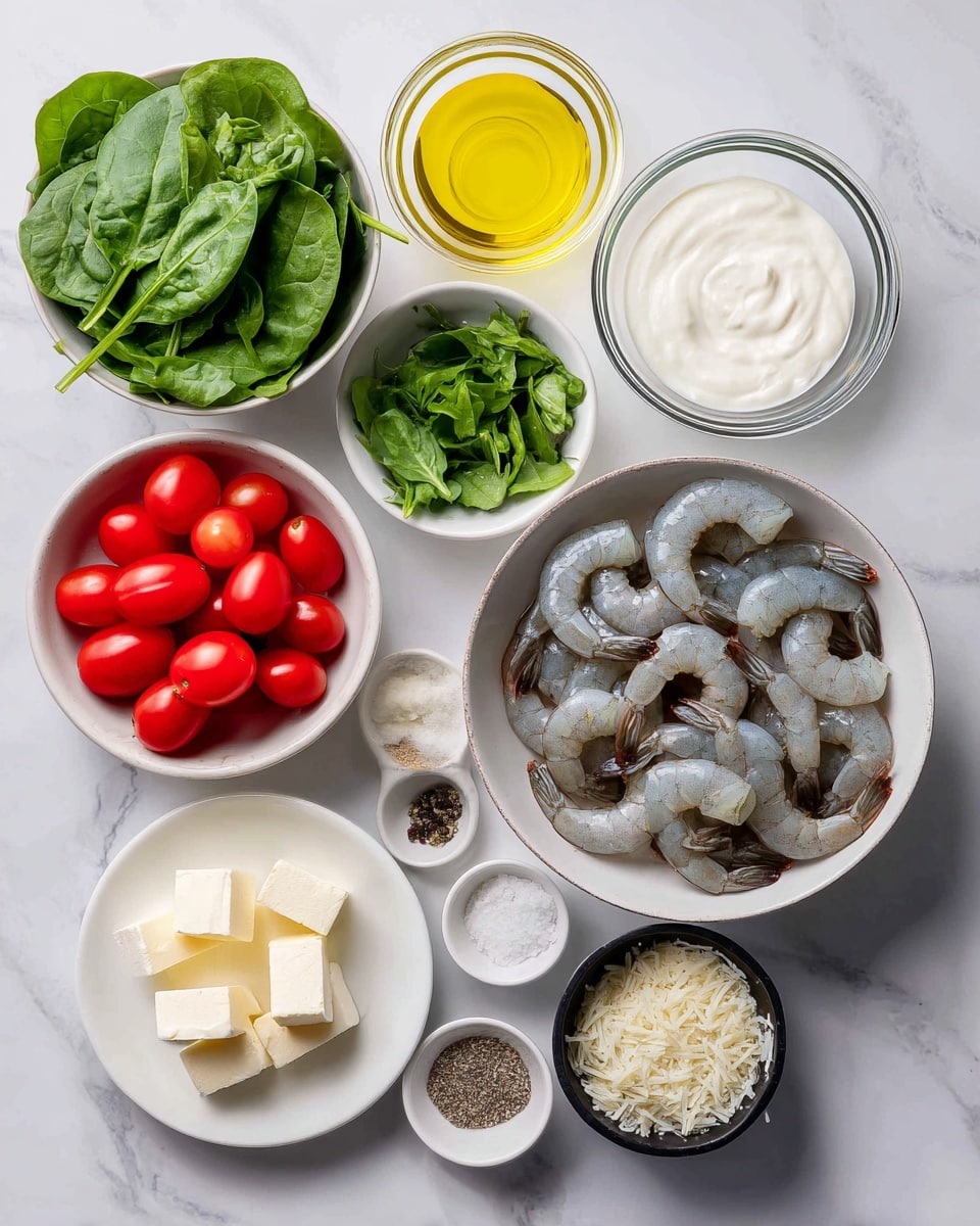 A top-down view of several white bowls arranged on a white marbled surface, each holding different cooking ingredients: one bowl filled with fresh raw shrimp that are grayish-white with dark tails, positioned on the right side; a bowl with bright red cherry tomatoes below the shrimp; a grayish white bowl full of fresh, dark green baby spinach leaves to the left of the tomatoes; a small glass bowl with light yellow olive oil above the shrimp; a small gray bowl of fresh, vibrant green basil leaves above the olive oil; a clear glass bowl with white heavy cream next to basil; a tiny white bowl with coarse salt and ground black pepper below the cream; a white plate with pale yellow butter cubes at bottom left; a small white dish with chopped white garlic near the butter; and a black measuring cup filled with off-white grated parmesan cheese at the bottom right. All bowls and plates are neatly spaced on the white marbled surface. photo taken with an iphone --ar 4:5 --v 7