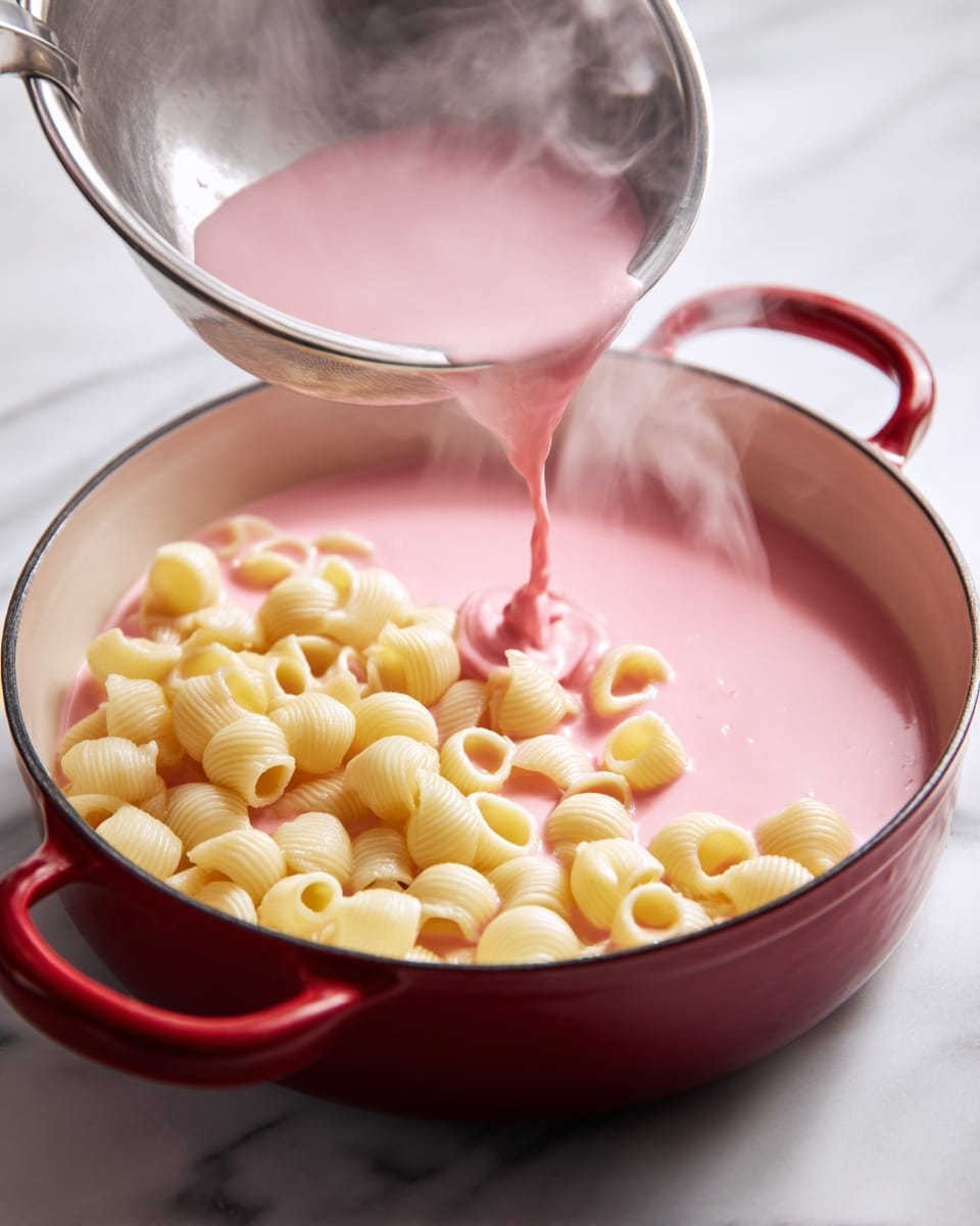 A close-up view of a red pan with two handles, centered on a white marbled surface, filled halfway with smooth, creamy pink sauce. Large tube-shaped pasta pieces in light yellow are being poured from a round silver strainer held above the pan on the left side, landing into the sauce. Steam rises from the pan, giving a fresh cooked feeling. Photo taken with an iphone --ar 4:5 --v 7