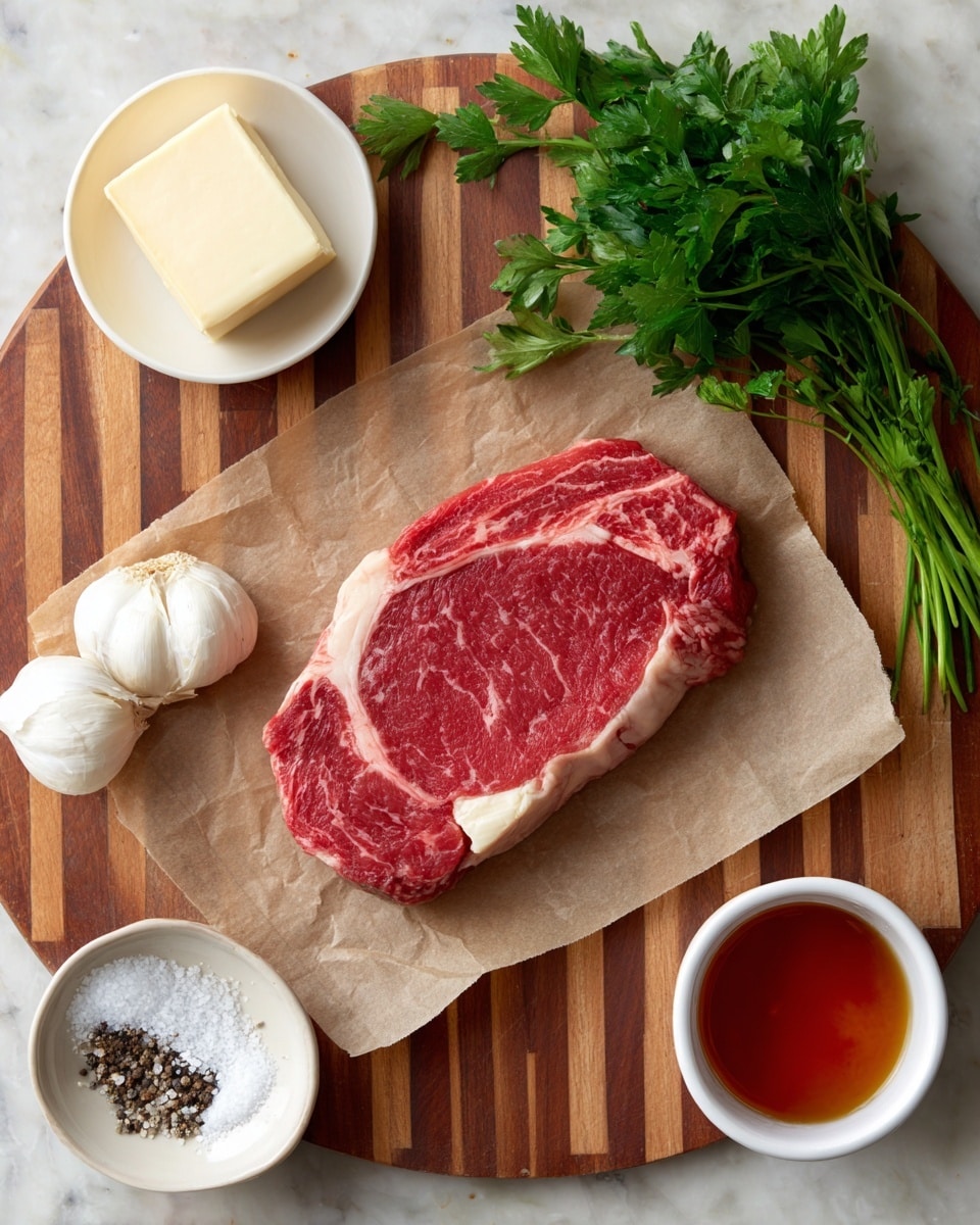 A raw steak with bright red color and white fat marbling sits on brown parchment paper, placed on a wooden cutting board with striped wood patterns. Above the steak, there are two cloves of smooth white garlic and a fresh bunch of green parsley to the right. On the top left corner, there is a small block of pale yellow butter. Below the steak on the left side, a white bowl contains coarse salt and black pepper. On the bottom right, a small white cup holds a reddish-brown liquid labeled hot honey. All items are arranged neatly on a white marbled textured surface. Photo taken with an iphone --ar 4:5 --v 7