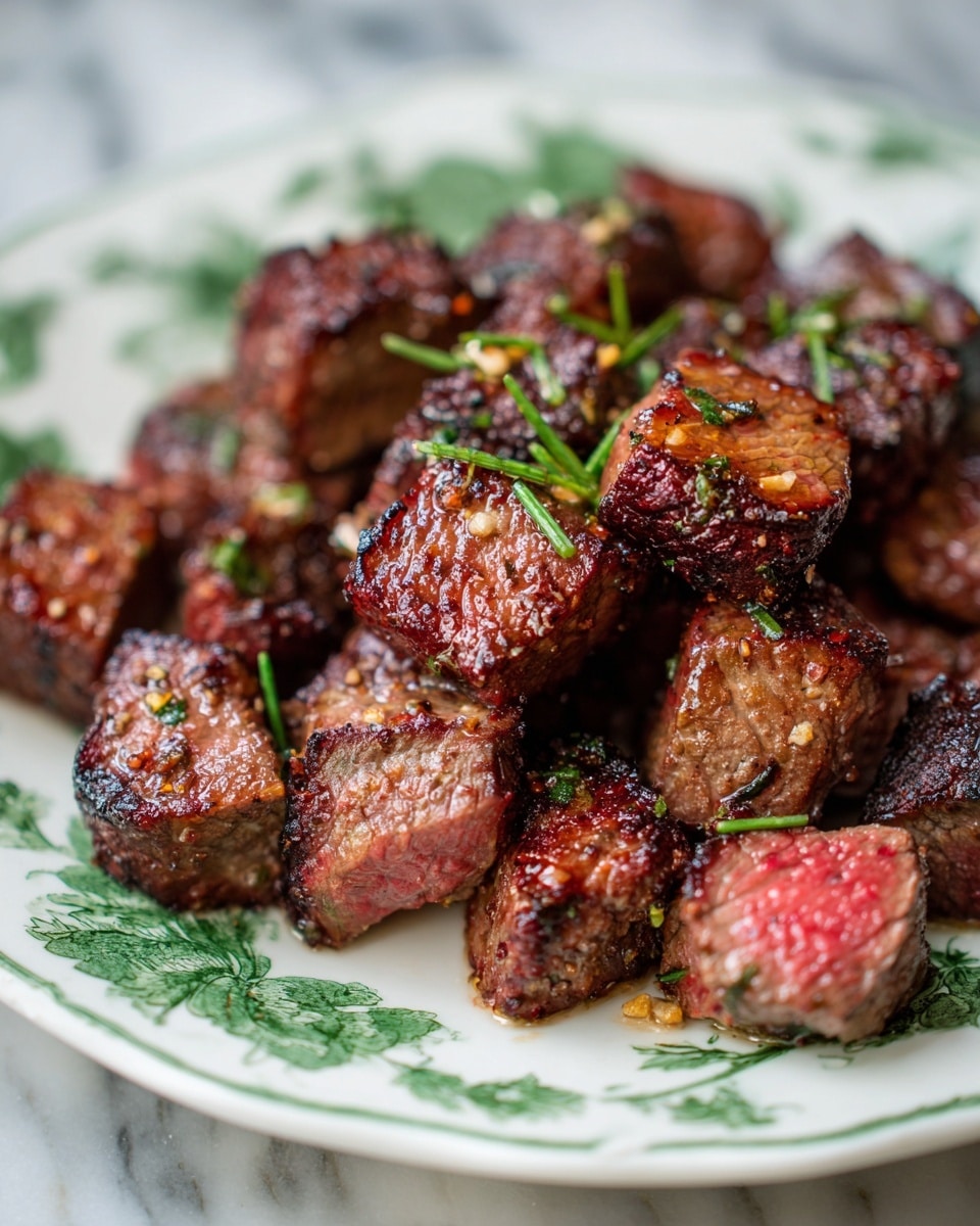 The image shows many small pieces of cooked beef with a dark brown, slightly charred crust and a juicy pink center scattered on a white plate with green floral patterns. Some pieces have small bits of seasoning and herbs on top, adding texture and color. The plate is set on a white marbled surface, enhancing the warm, rich colors of the beef. The beef pieces look tender and flavorful, arranged loosely across the plate without stacking. photo taken with an iphone --ar 4:5 --v 7