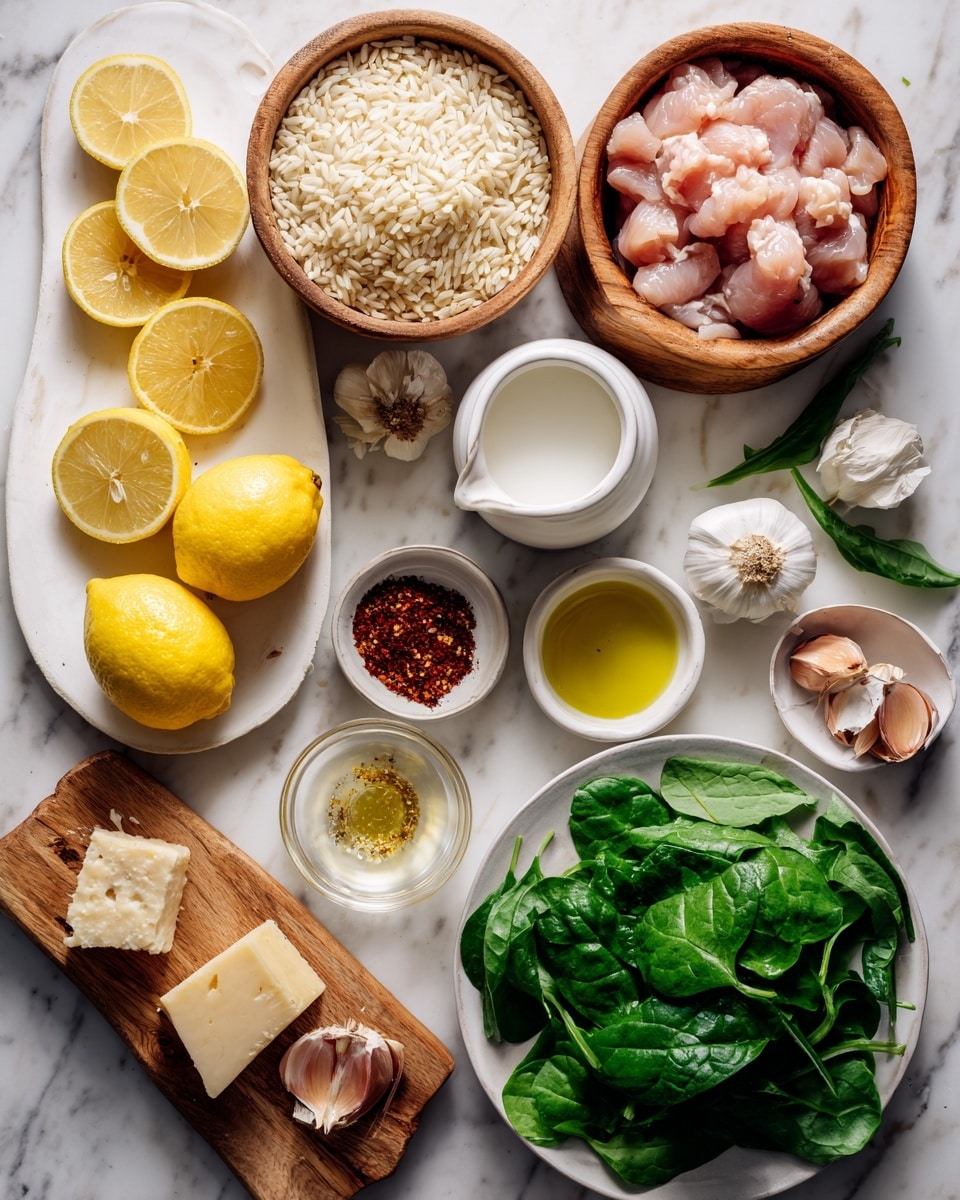 The image shows an overhead view of several ingredients laid out on a white marbled surface. There are seven main containers: a wooden bowl filled with long grain rice near the top center, a white bowl on the right containing raw boneless pink chicken pieces, a small white cup with cream or milk below it, a wooden bowl full of fresh green spinach leaves in the center, and two small white bowls holding bright red and brown spices above and near the chicken. A large white plate on the left has two whole yellow lemons, several lemon slices forming a neat row, two small amounts of clear golden oil, and a small glass container with lemon juice. A wooden board at the bottom left holds two shallots (one whole and one sliced), three cloves of garlic, and a block of cheese. A garlic clove is placed near the board on the surface. The whole scene is brightly lit and clear. Photo taken with an iphone --ar 4:5 --v 7