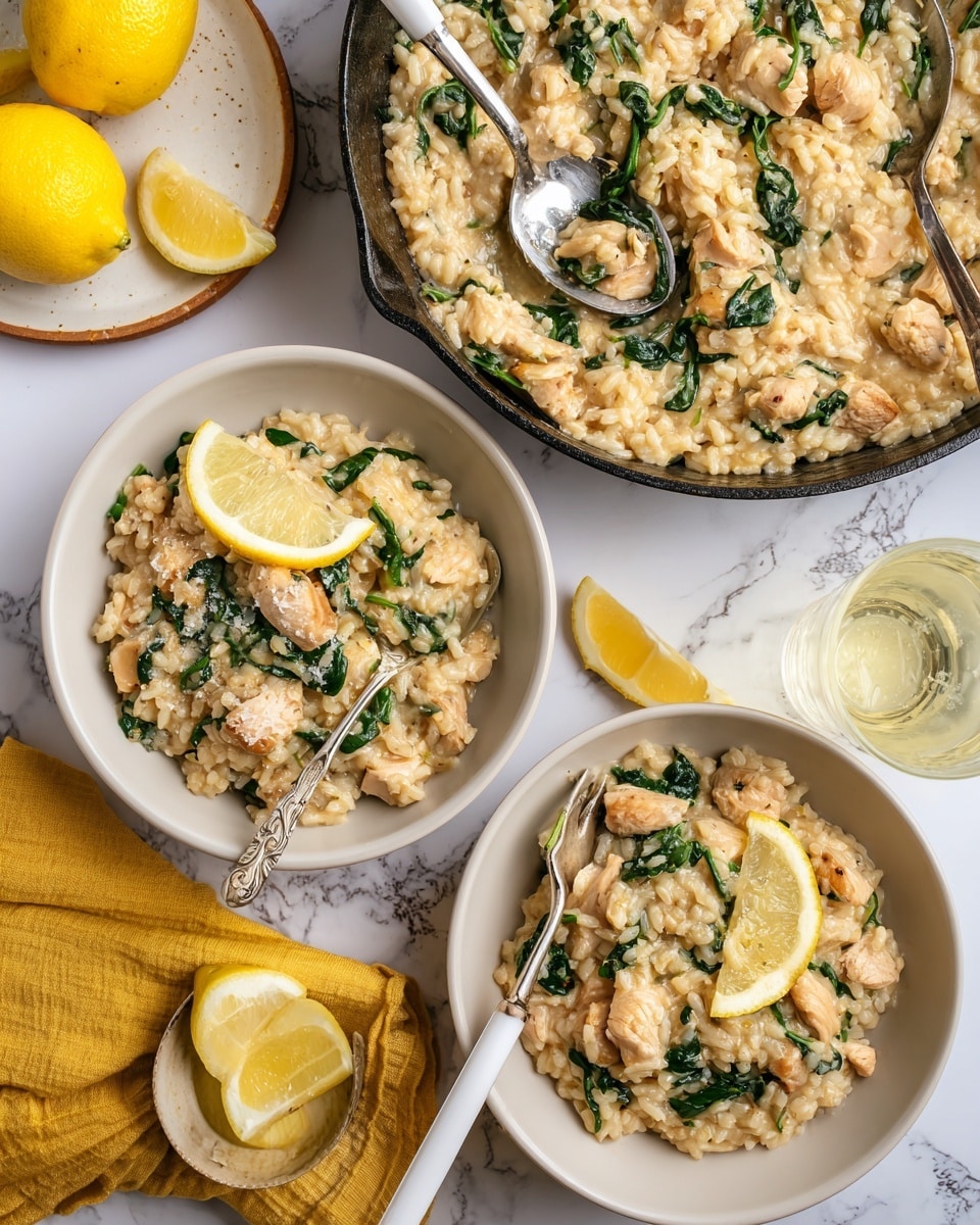 The image shows a creamy risotto dish with chicken and spinach served in two white bowls and a black cast iron pan. The risotto has a soft, creamy texture in a pale beige color, studded with chunks of light brown chicken and dark green spinach leaves. Each serving is topped with a thin, round lemon slice. A silver spoon rests in the pan, and a fork with a white handle is placed in one bowl, partially inserted into the risotto. The setup is on a white marbled surface, with a yellow cloth napkin and two whole lemons on a white plate nearby. A glass of light yellow drink is visible on the side. photo taken with an iphone --ar 4:5 --v 7